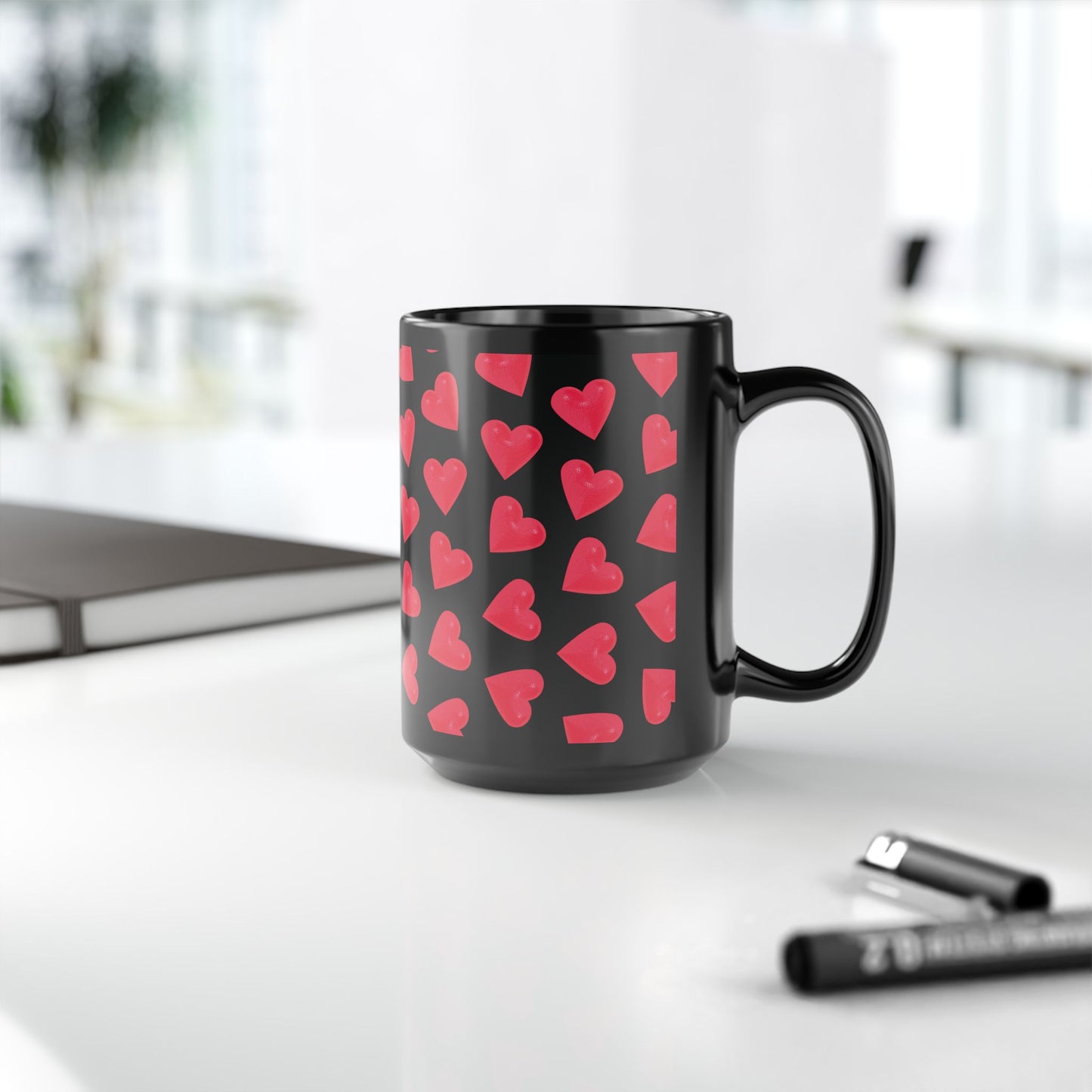Cyber Heart Pattern – Futuristic Love Black Gloss 15oz Mug – Artwork by Andrew McCarter