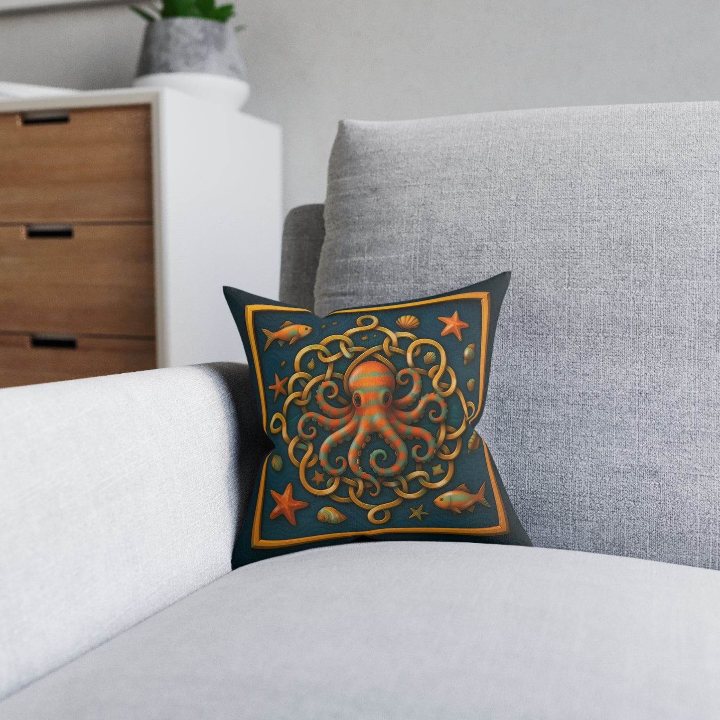 Square Pillow - Celtic Octopus Cushion with Teal Background and Golden Knots Design