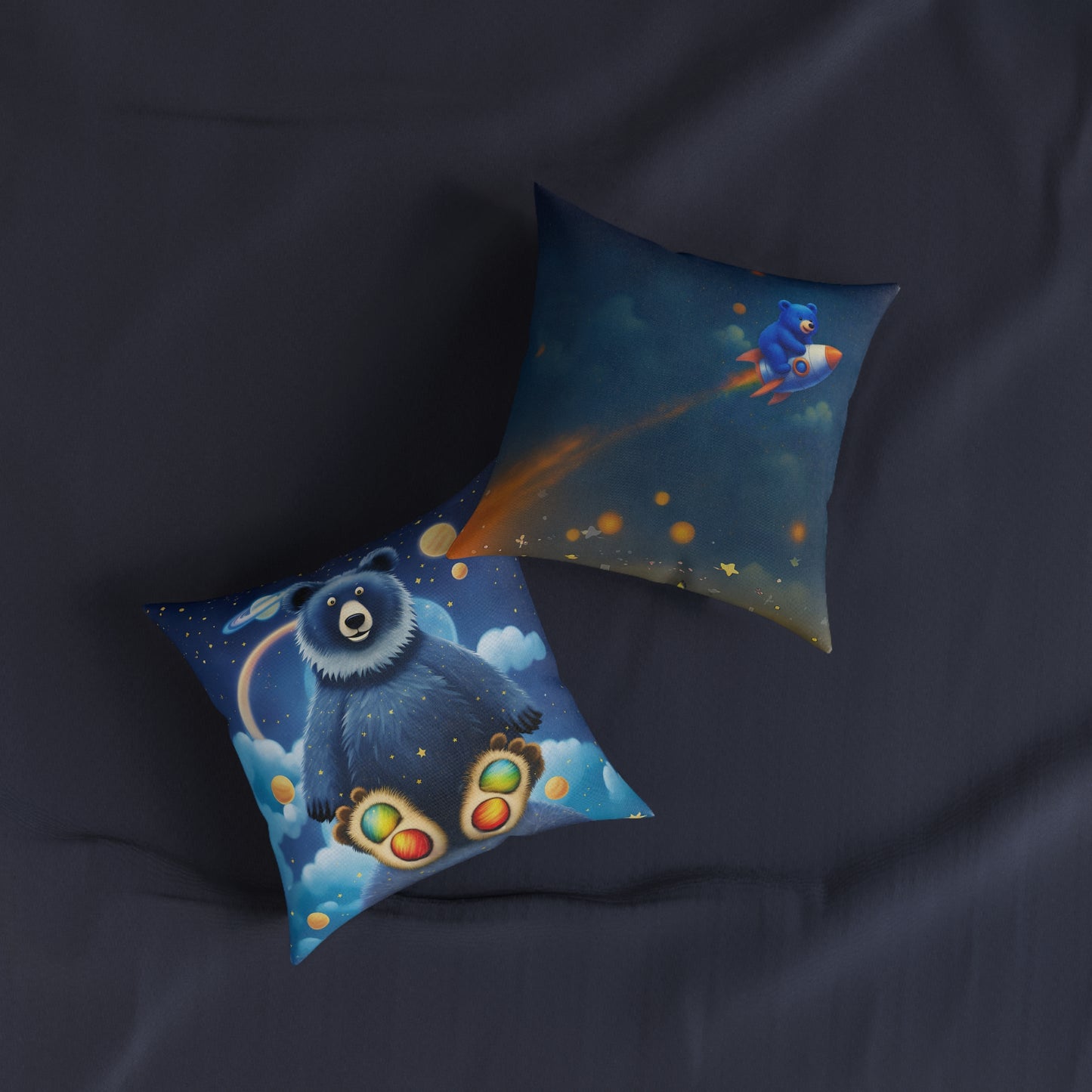 Square Pillow Cosmic Adventure Cushion - Double-Sided Cosmic Bear and Rocket Bear Design