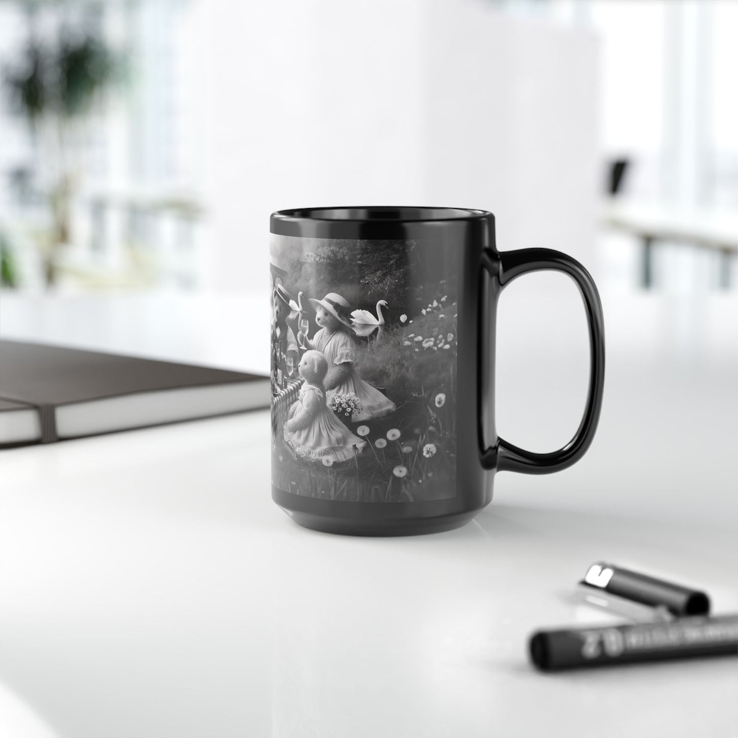 Mug - Elegant Teddy Bear Picnic Black Mug 15oz