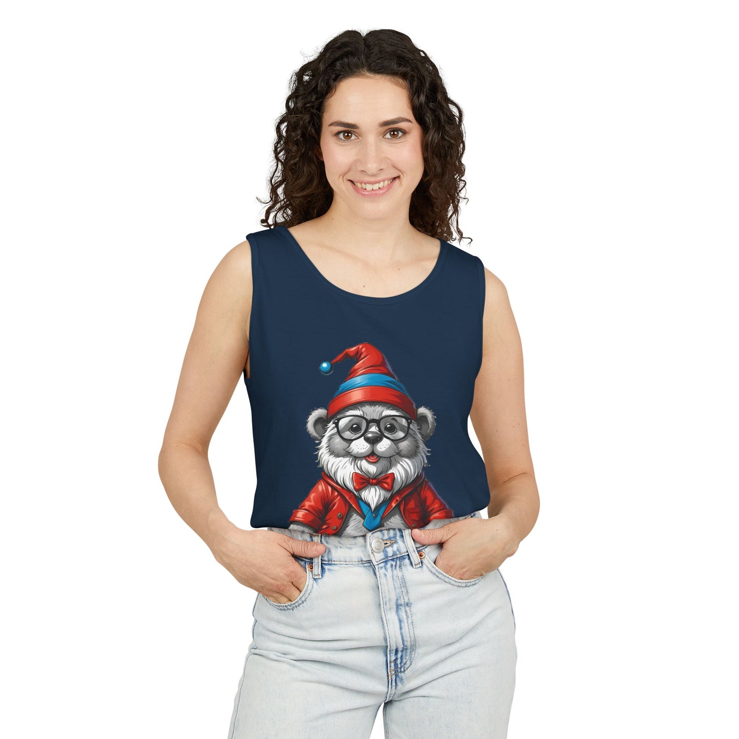 Swiss Gnome Bear Tank Top - Unisex Garment-Dyed Summer Sleeveless Shirt