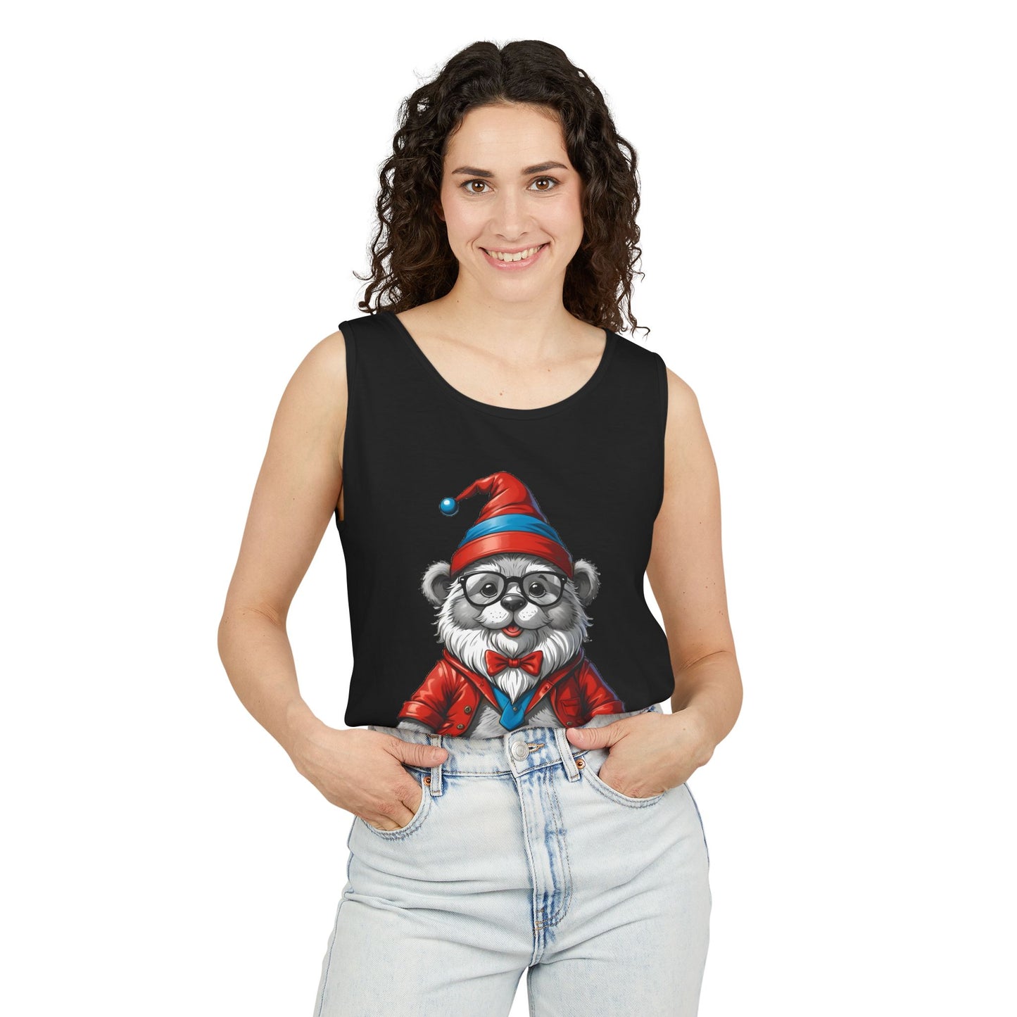 Swiss Gnome Bear Tank Top - Unisex Garment-Dyed Summer Sleeveless Shirt