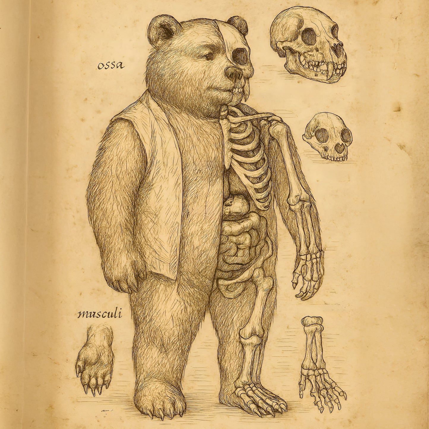 Da Vinci Bear Anatomy T-Shirt with Vintage Parchment Print Effect