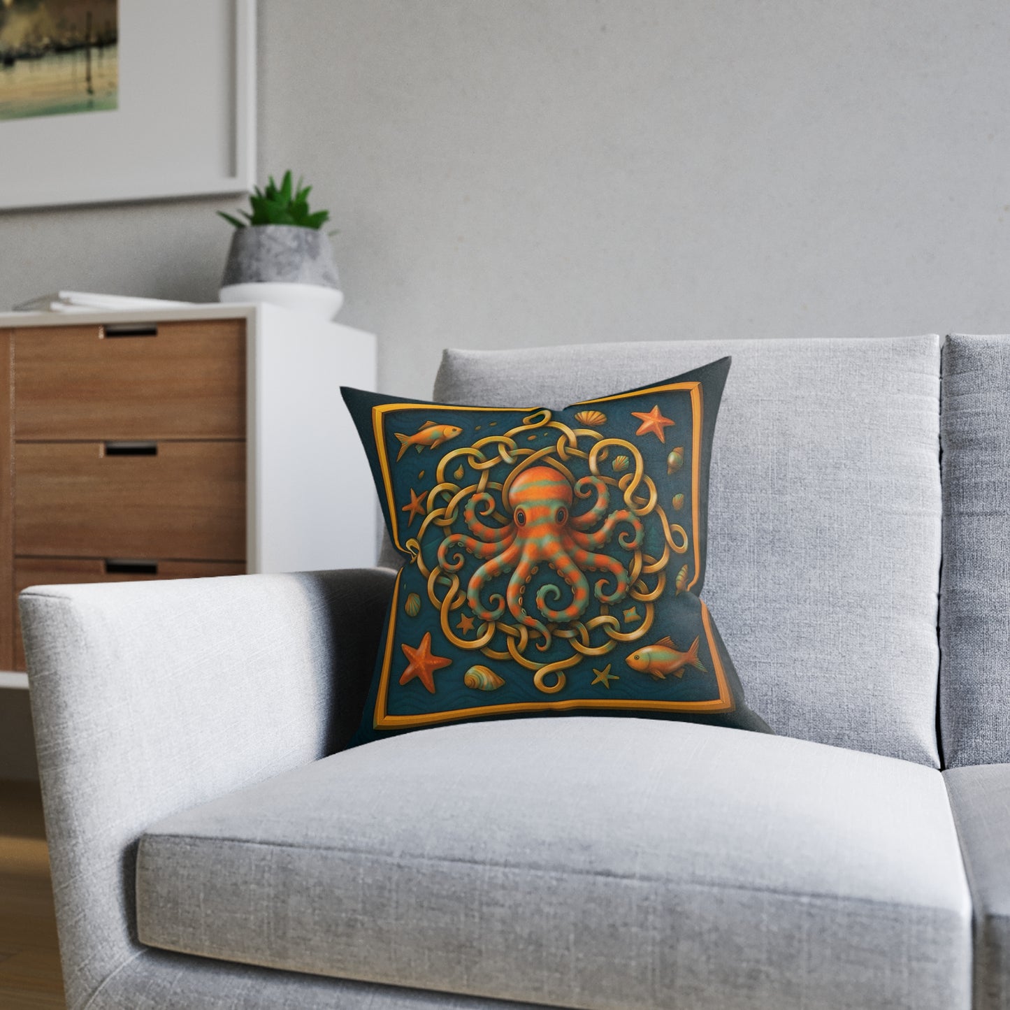 Square Pillow - Celtic Octopus Cushion with Teal Background and Golden Knots Design