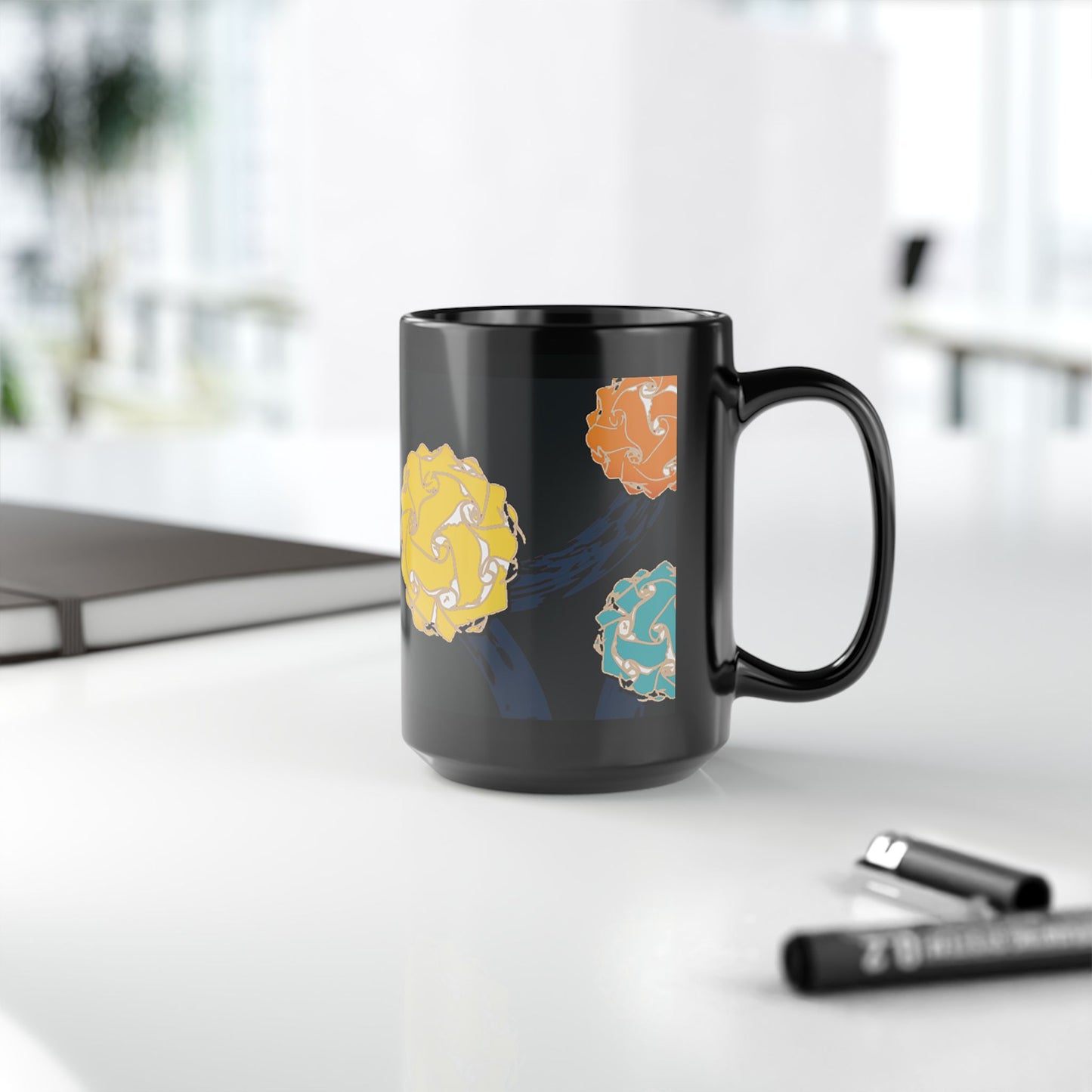 Cosmic Floral Mug, 15oz Black Gloss Ceramic - Nebula Flora Design