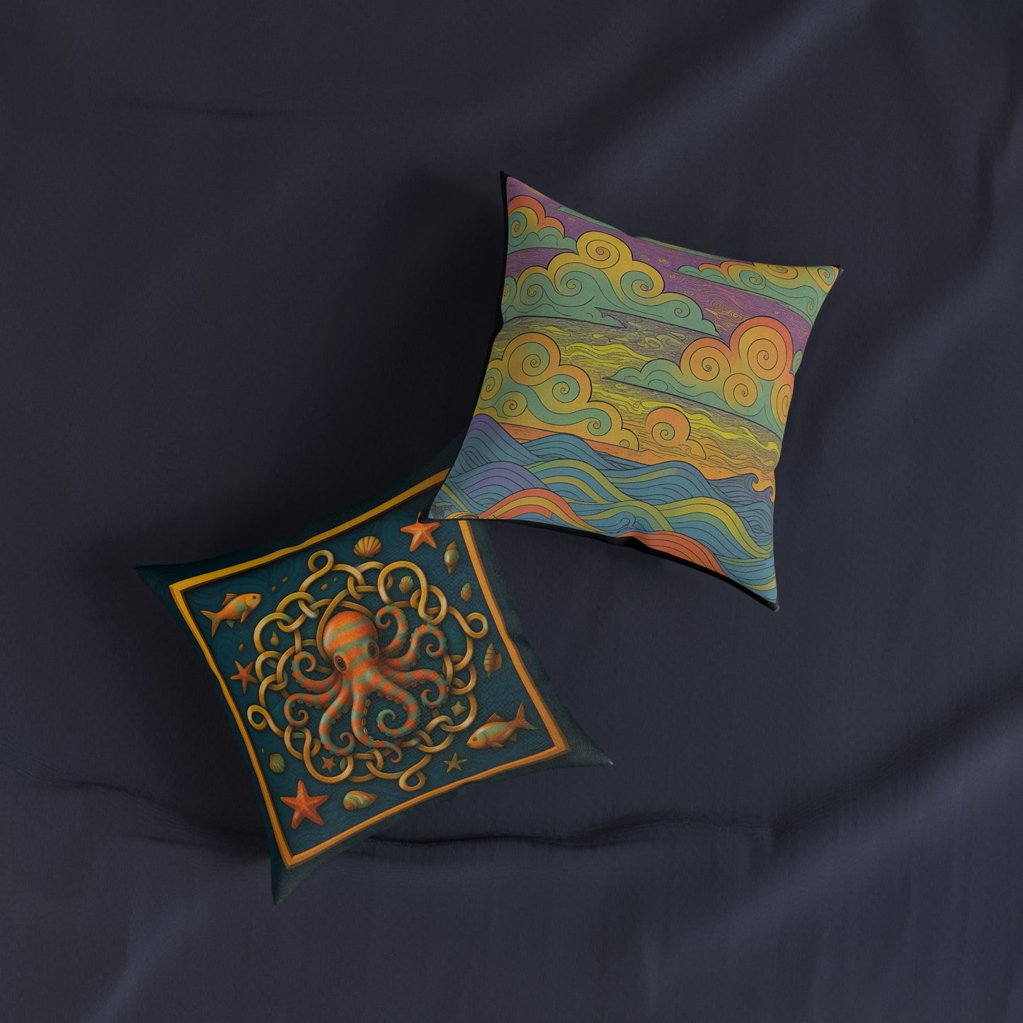 Square Pillow - Celtic Octopus Cushion with Teal Background and Golden Knots Design