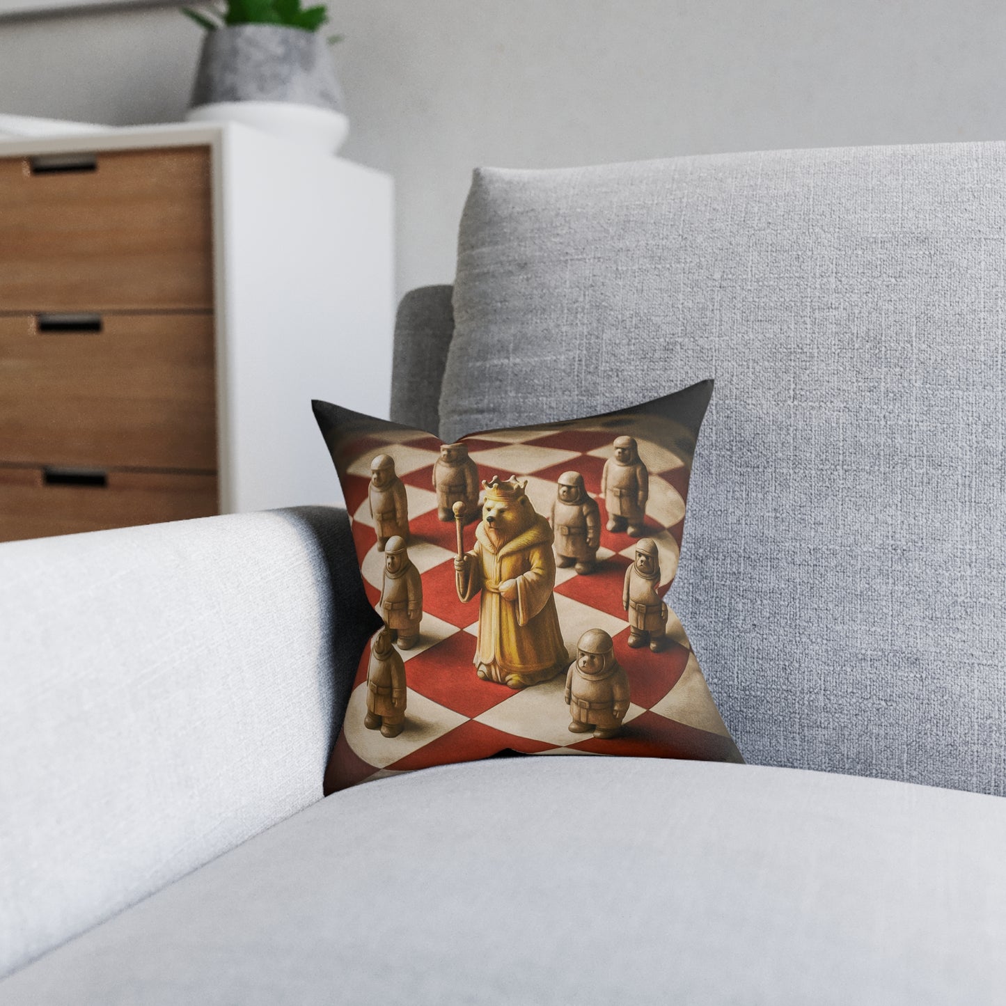 Square Pillow - PinkPond King of the Bear Army Cushion with Reversible Design