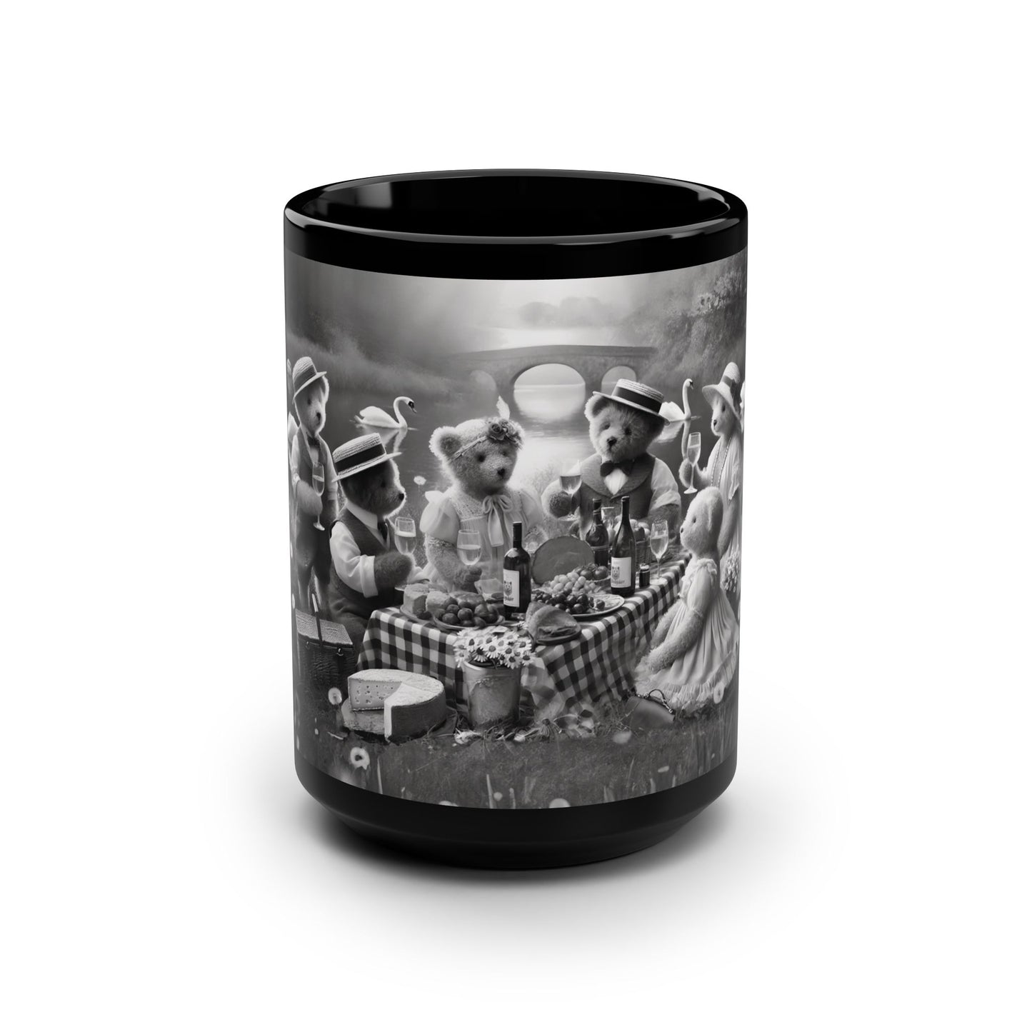 Mug - Elegant Teddy Bear Picnic Black Mug 15oz