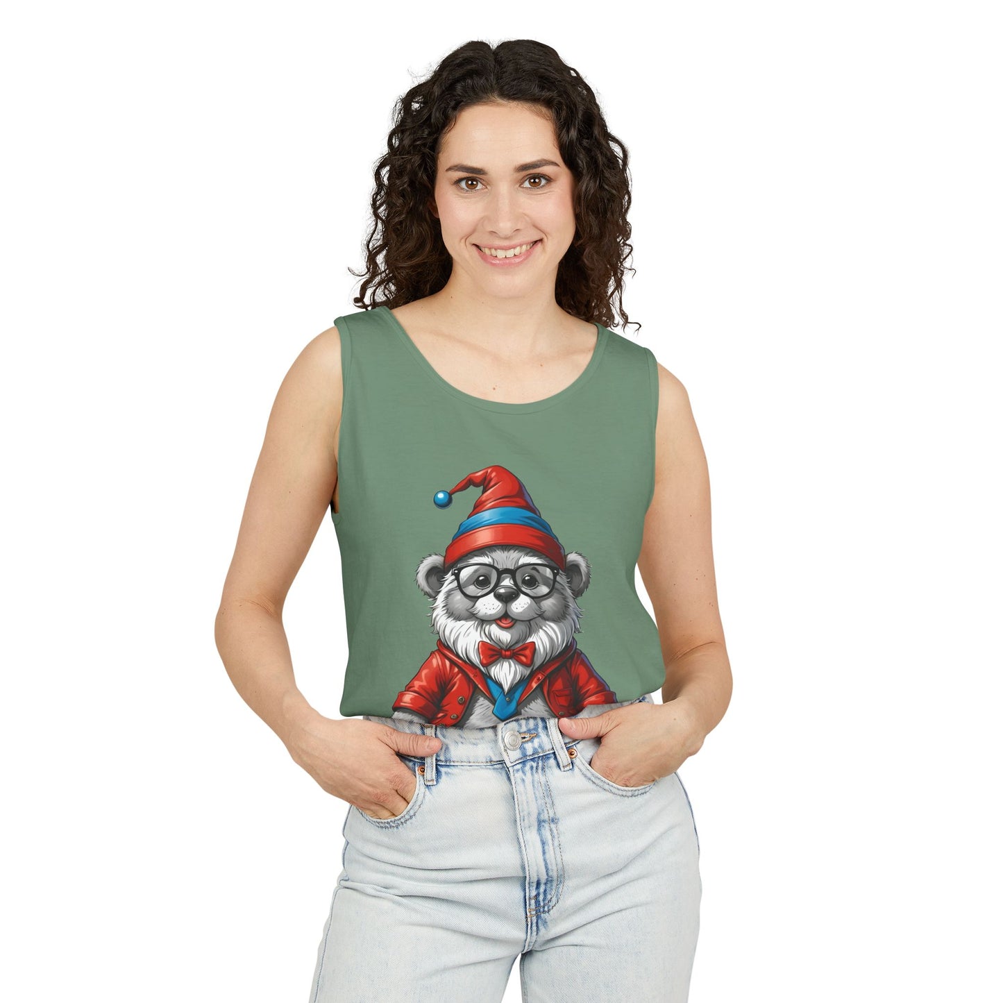 Swiss Gnome Bear Tank Top - Unisex Garment-Dyed Summer Sleeveless Shirt