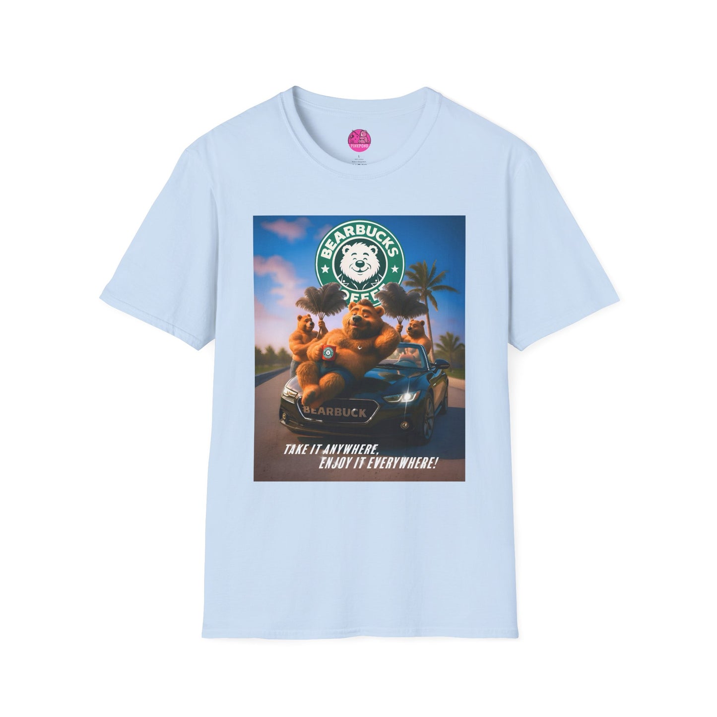Bearbucks “Enjoy It Everywhere” Tee — Coffee-Loving Bear Convertible Graphic T-Shirt