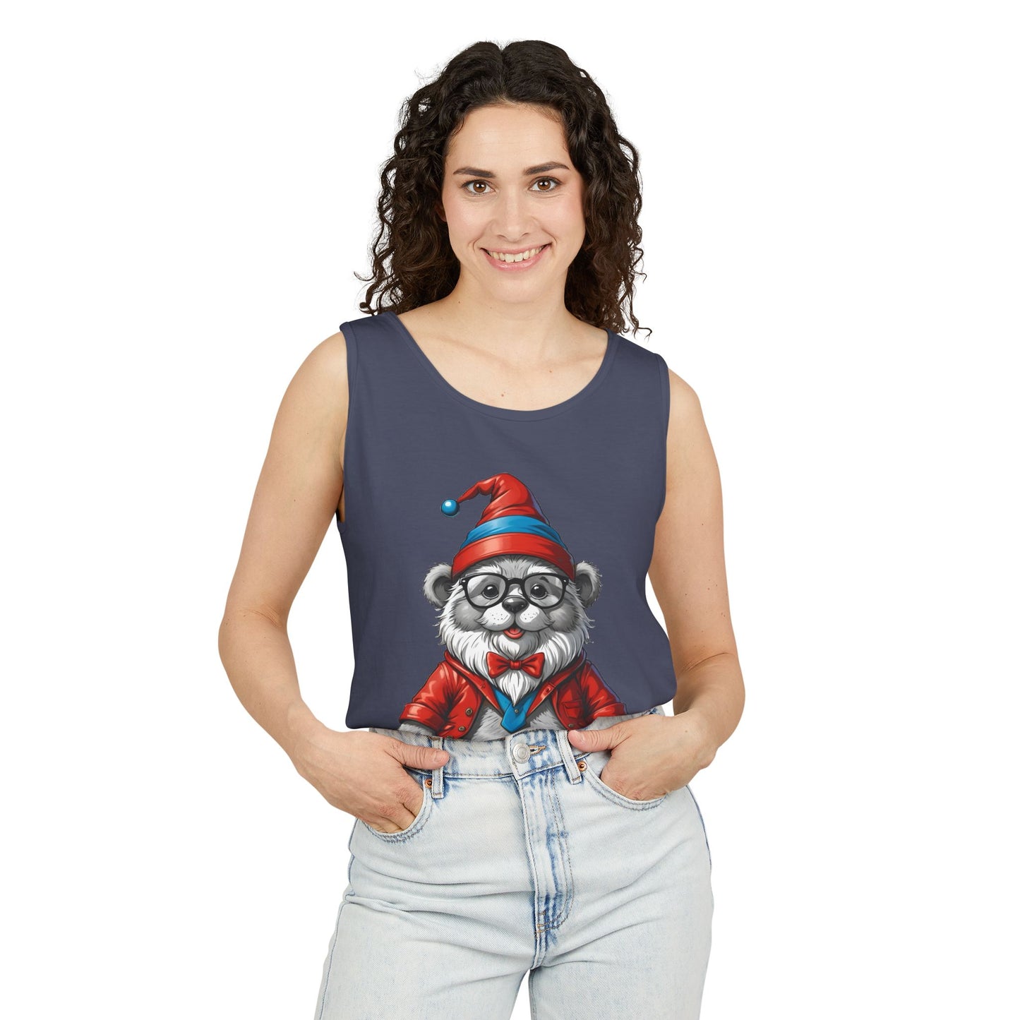Swiss Gnome Bear Tank Top - Unisex Garment-Dyed Summer Sleeveless Shirt