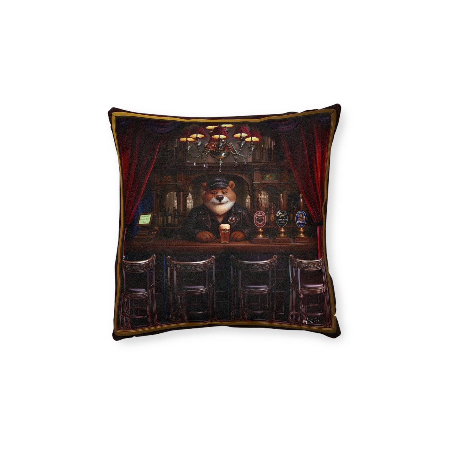 Square Pillow Bearman The Barman Cushion Reversible Bear Brewery Labels Home Bar Decor
