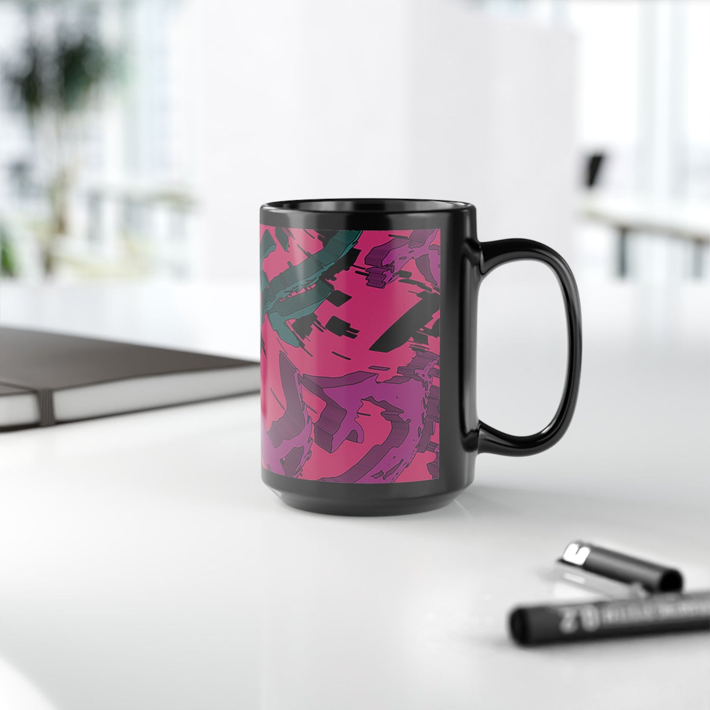 Glitchwave 15oz Mug - Abstract Cyberpunk Design on Black Gloss Ceramic