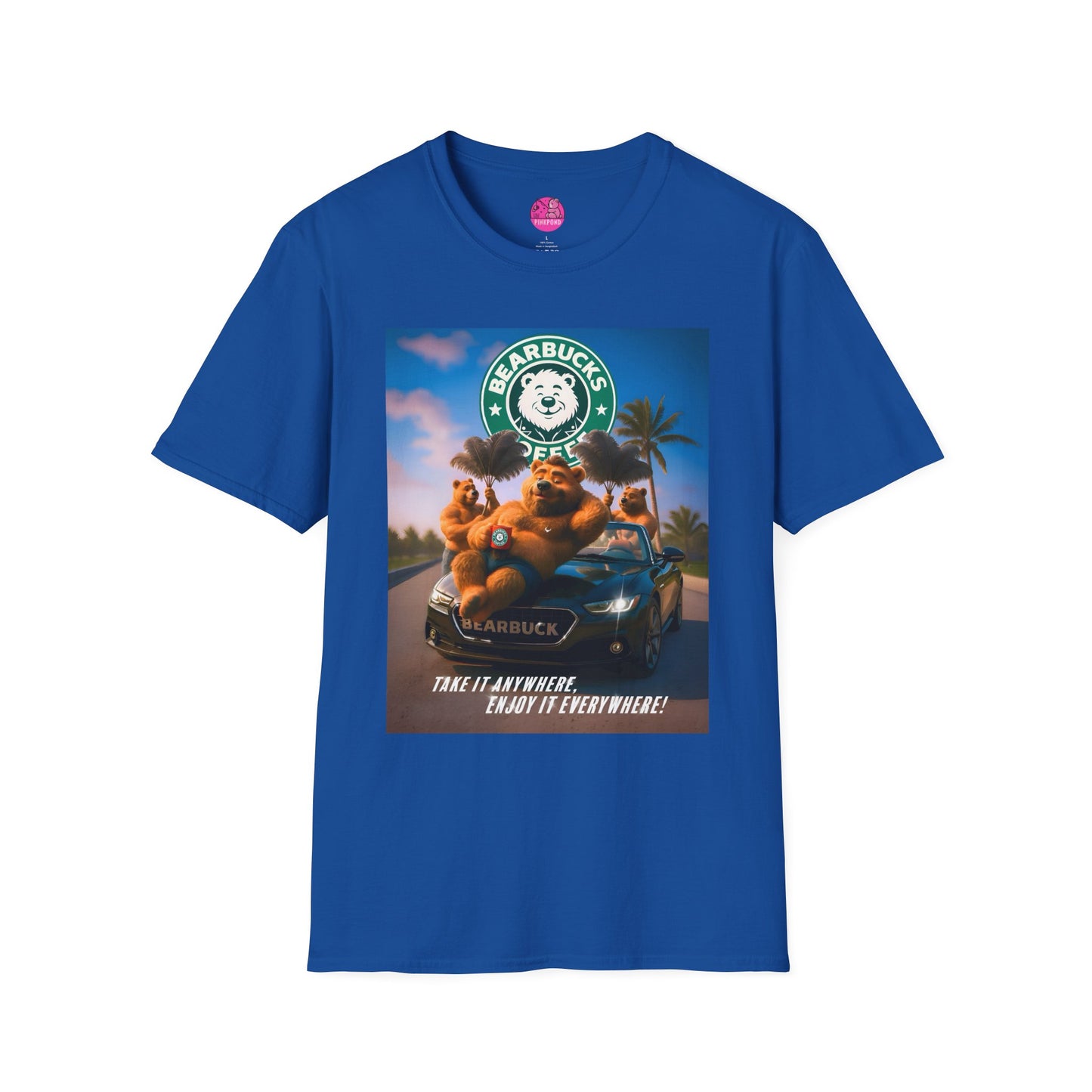 Bearbucks “Enjoy It Everywhere” Tee — Coffee-Loving Bear Convertible Graphic T-Shirt