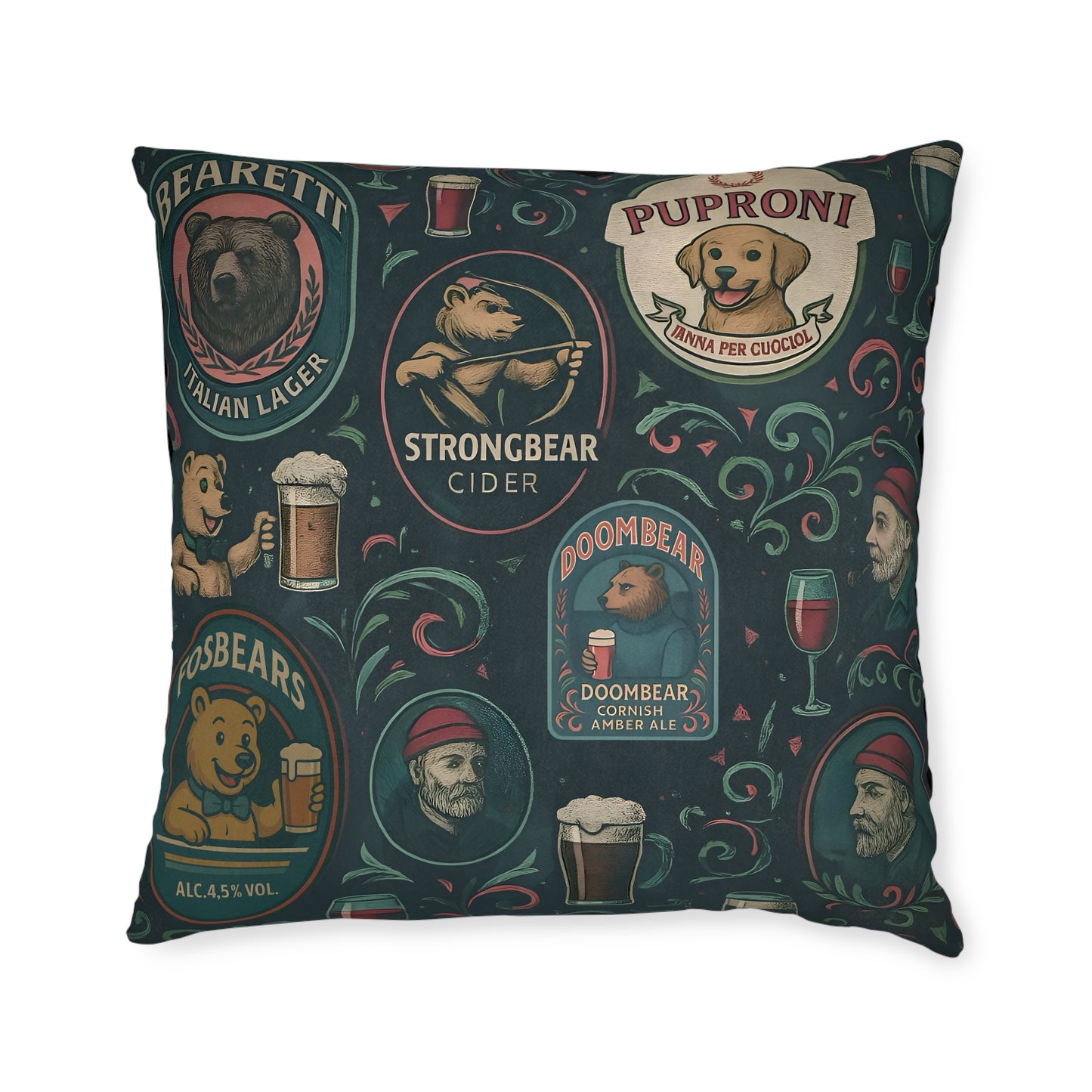 Square Pillow Bearman The Barman Cushion Reversible Bear Brewery Labels Home Bar Decor