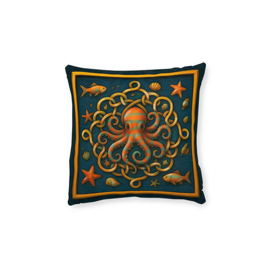 Square Pillow - Celtic Octopus Cushion with Teal Background and Golden Knots Design
