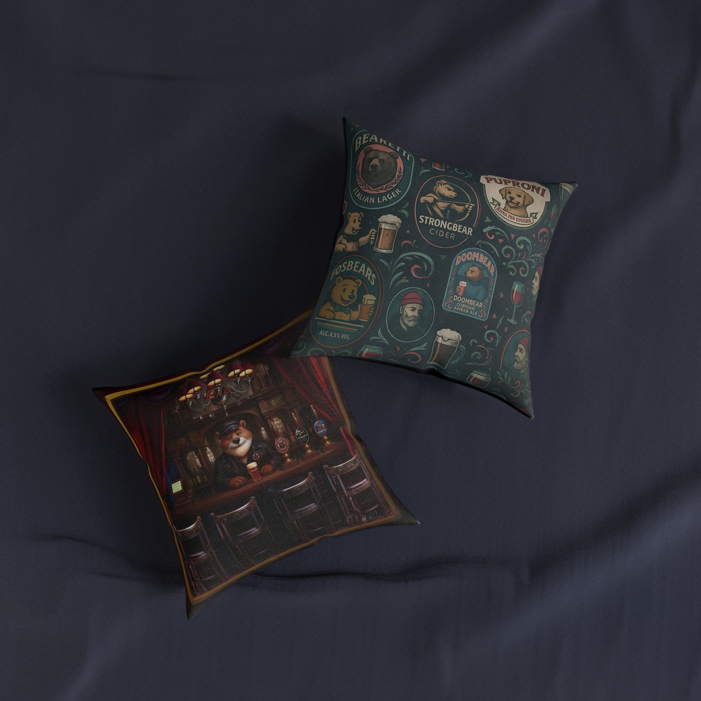 Square Pillow Bearman The Barman Cushion Reversible Bear Brewery Labels Home Bar Decor