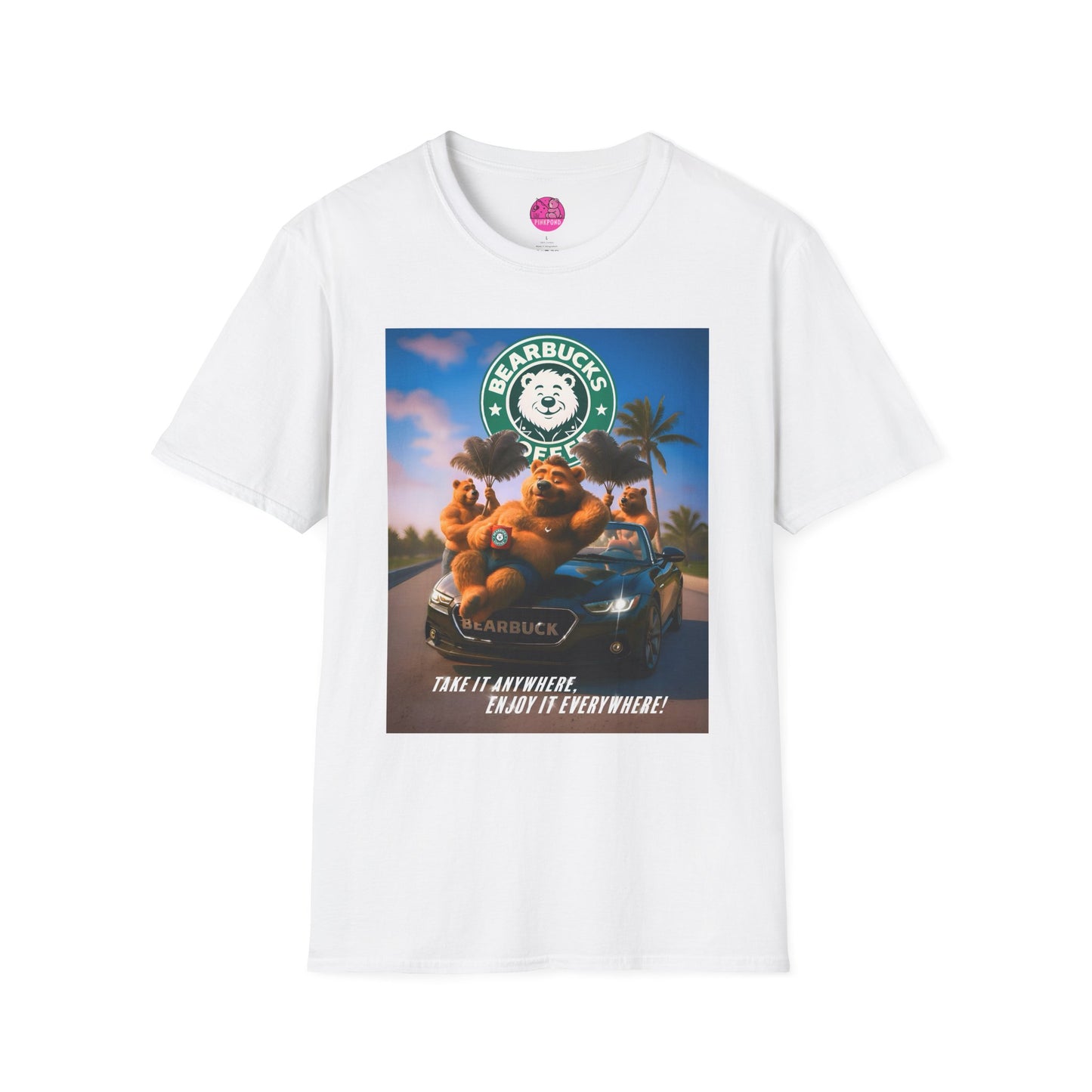 Bearbucks “Enjoy It Everywhere” Tee — Coffee-Loving Bear Convertible Graphic T-Shirt