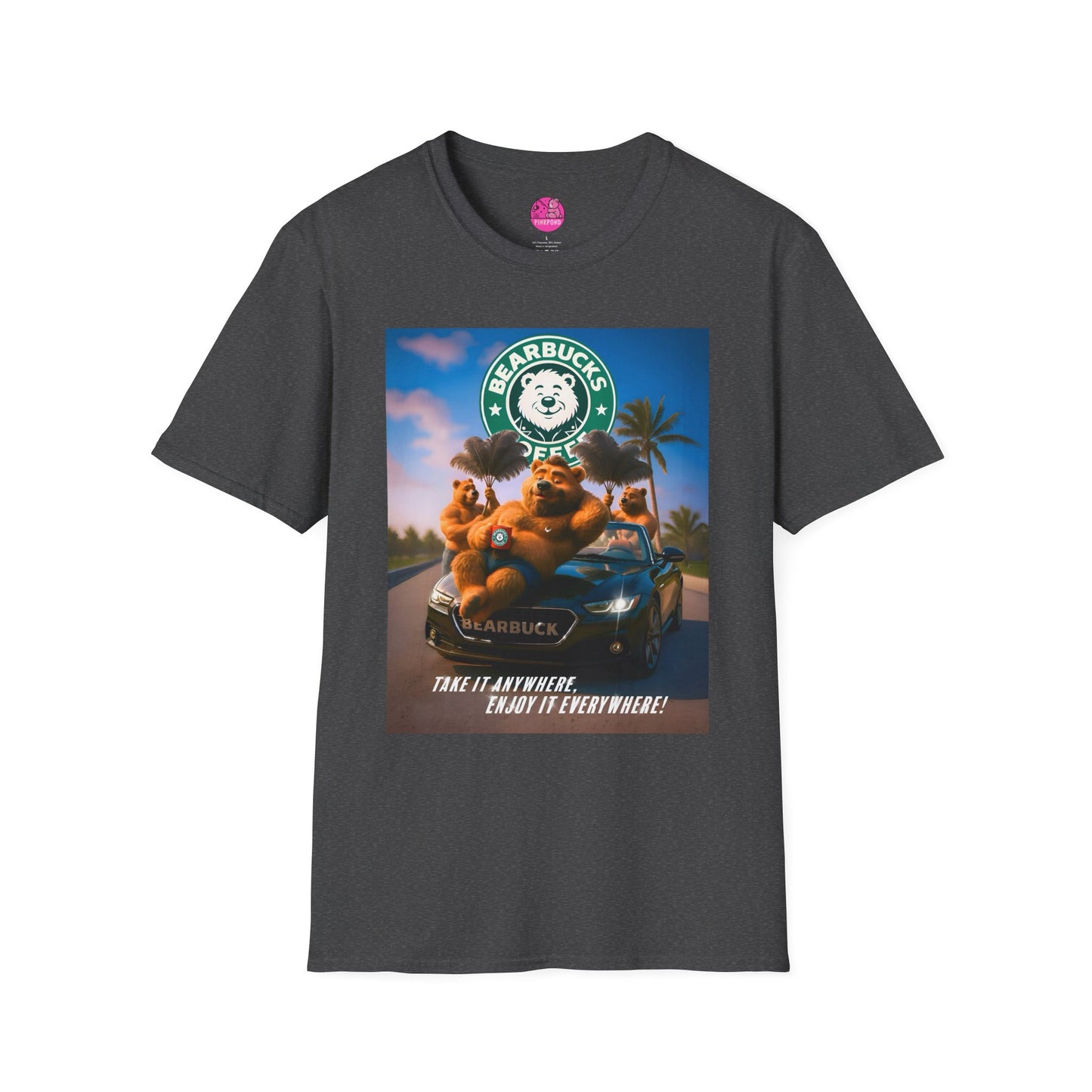 Bearbucks “Enjoy It Everywhere” Tee — Coffee-Loving Bear Convertible Graphic T-Shirt