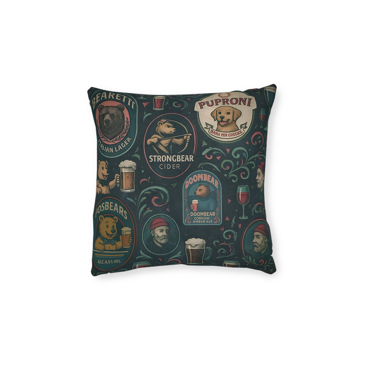 Square Pillow Bearman The Barman Cushion Reversible Bear Brewery Labels Home Bar Decor