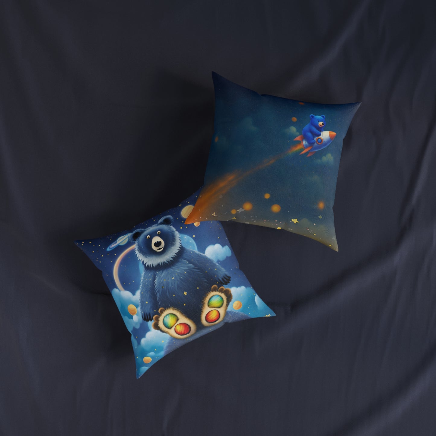 Square Pillow Cosmic Adventure Cushion - Double-Sided Cosmic Bear and Rocket Bear Design