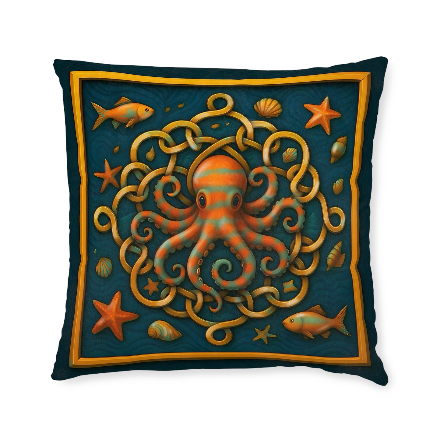 Square Pillow - Celtic Octopus Cushion with Teal Background and Golden Knots Design