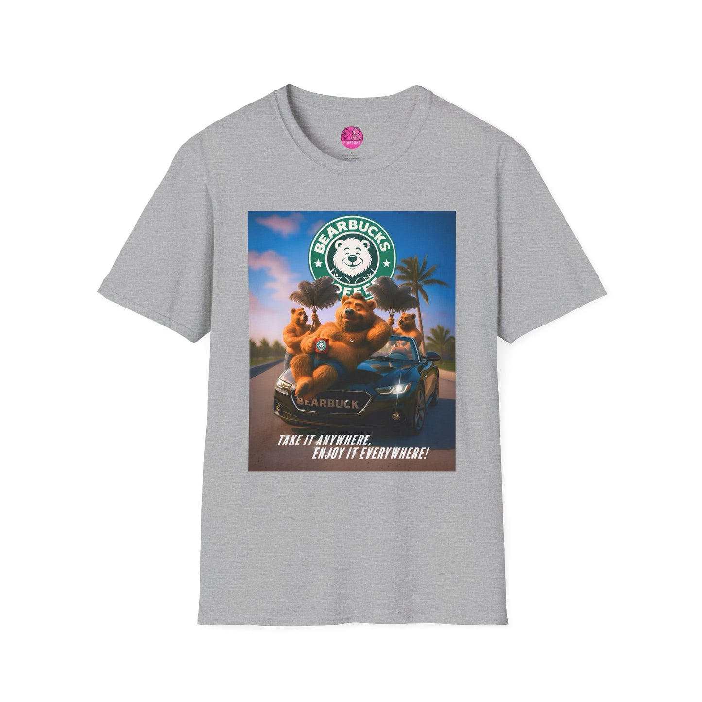 Bearbucks “Enjoy It Everywhere” Tee — Coffee-Loving Bear Convertible Graphic T-Shirt