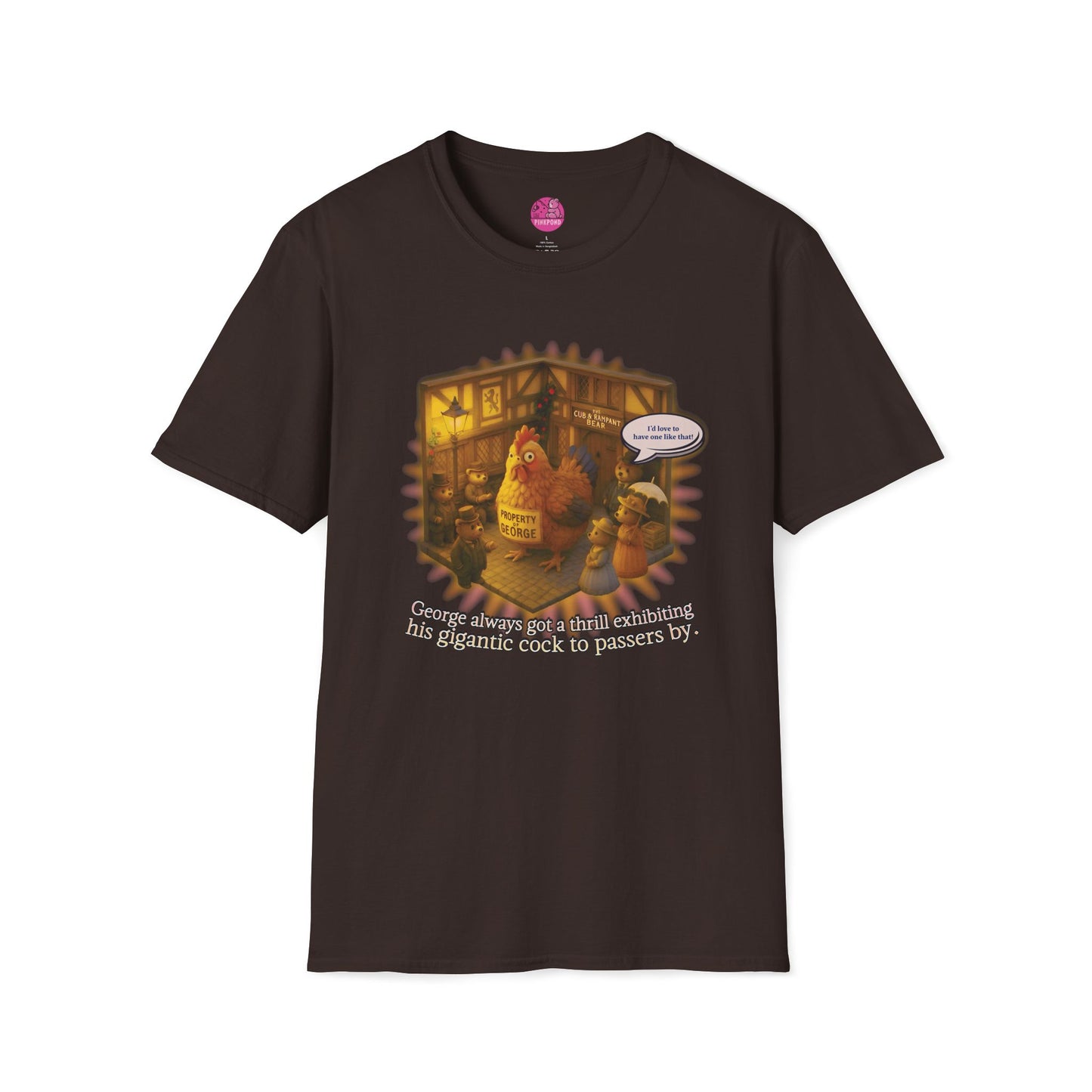 Edwardian Village Funny Unisex Softstyle T-Shirt with Oversized Chicken Design