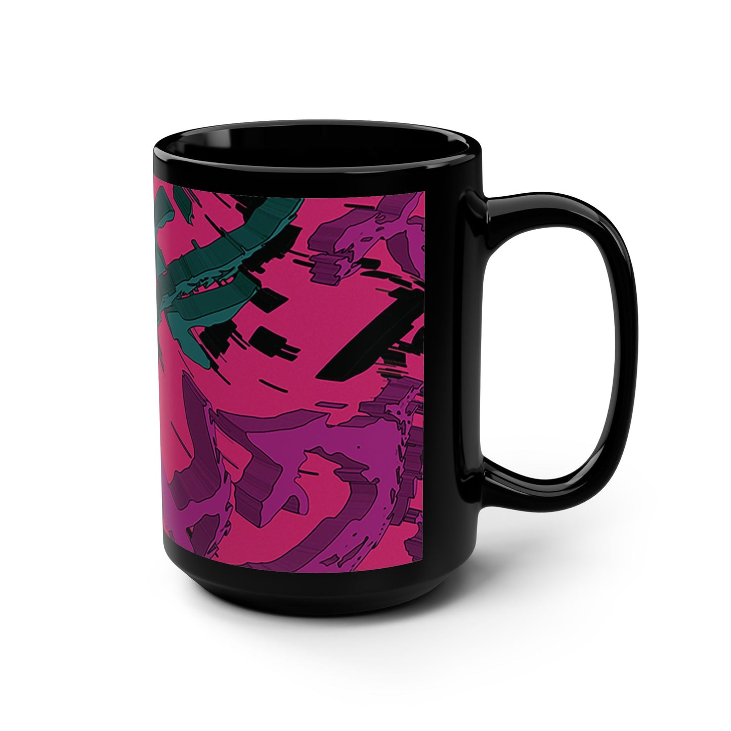 Glitchwave 15oz Mug - Abstract Cyberpunk Design on Black Gloss Ceramic