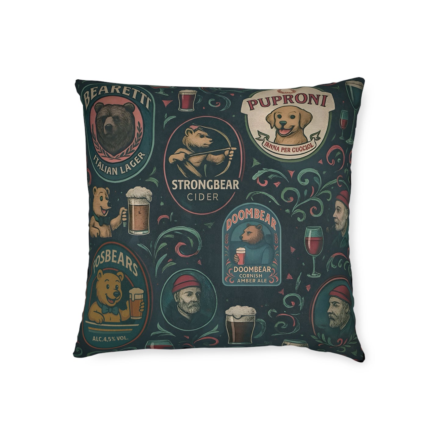 Square Pillow Bearman The Barman Cushion Reversible Bear Brewery Labels Home Bar Decor