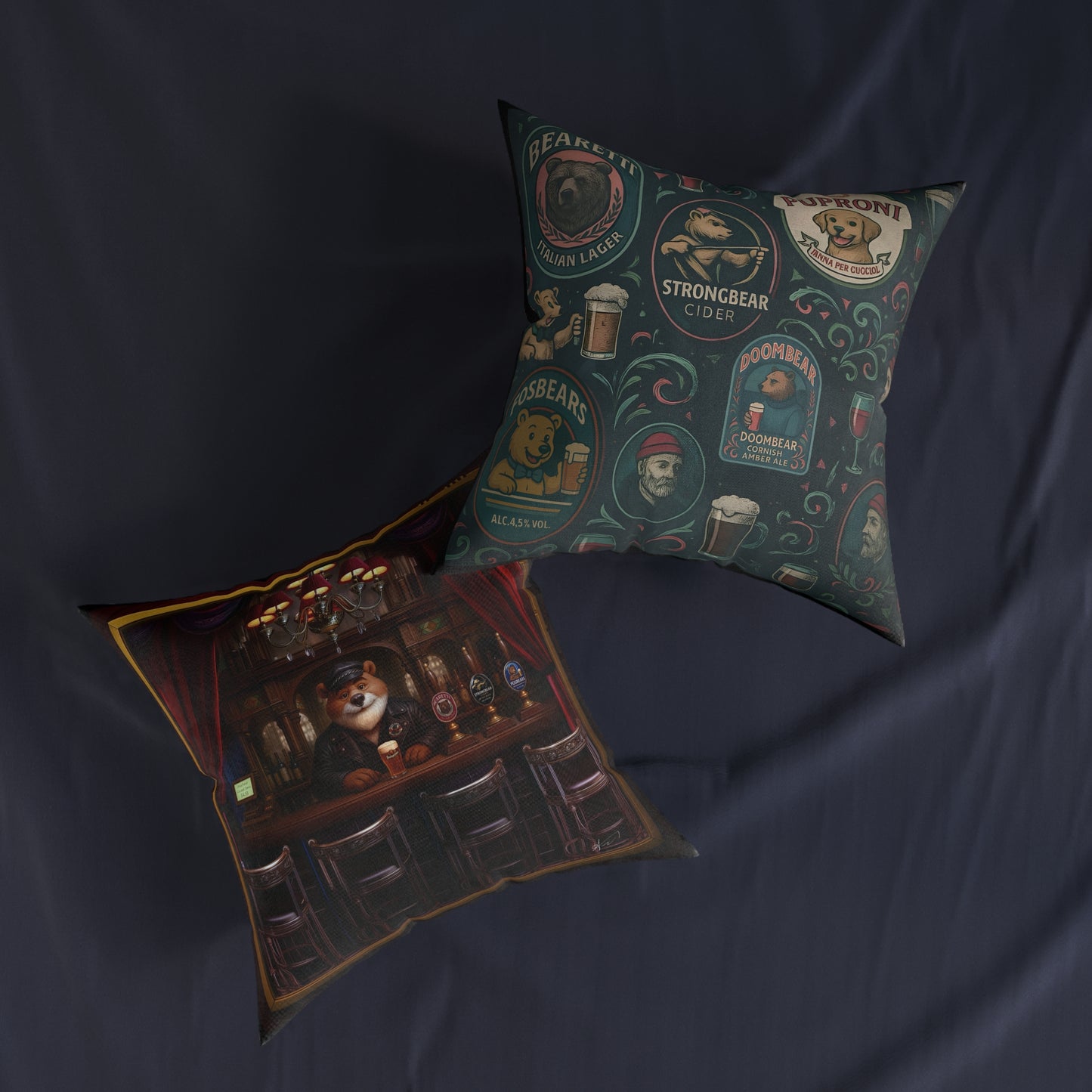 Square Pillow Bearman The Barman Cushion Reversible Bear Brewery Labels Home Bar Decor