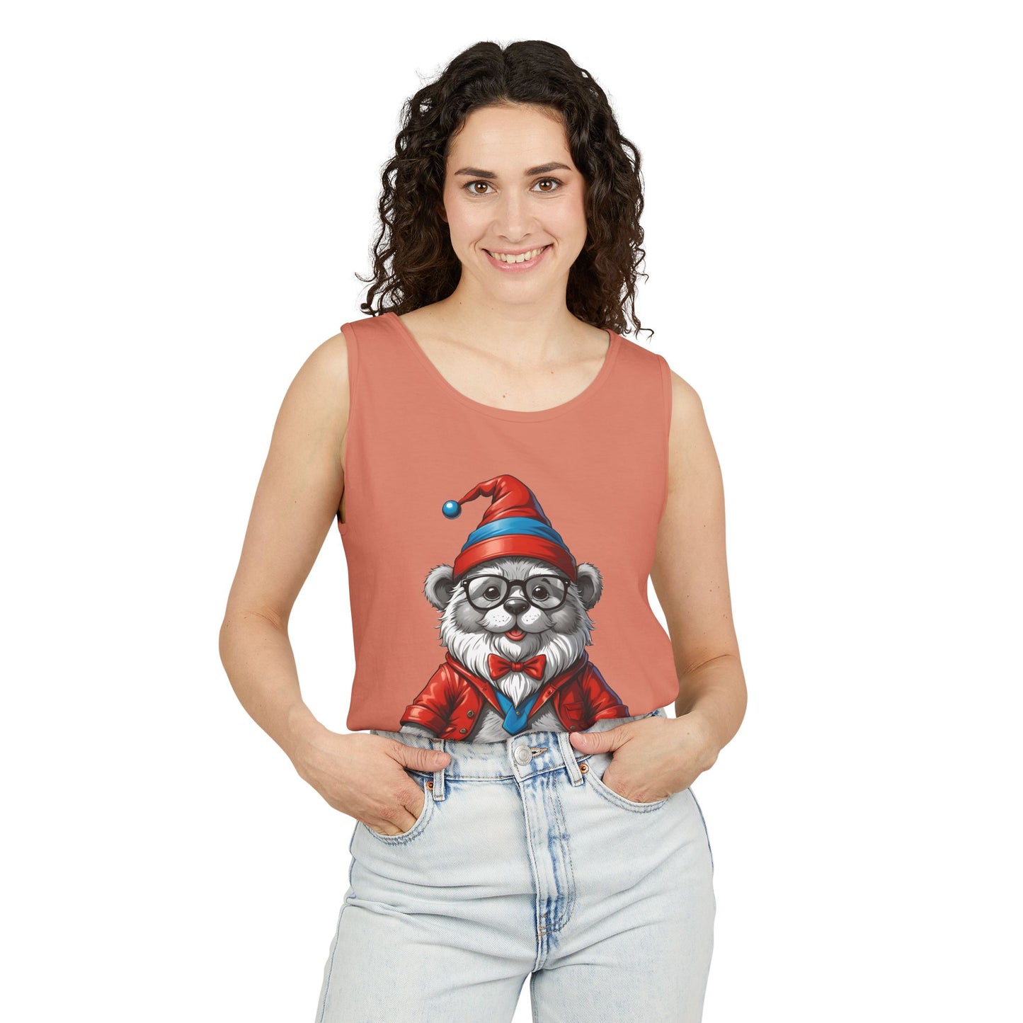 Swiss Gnome Bear Tank Top - Unisex Garment-Dyed Summer Sleeveless Shirt