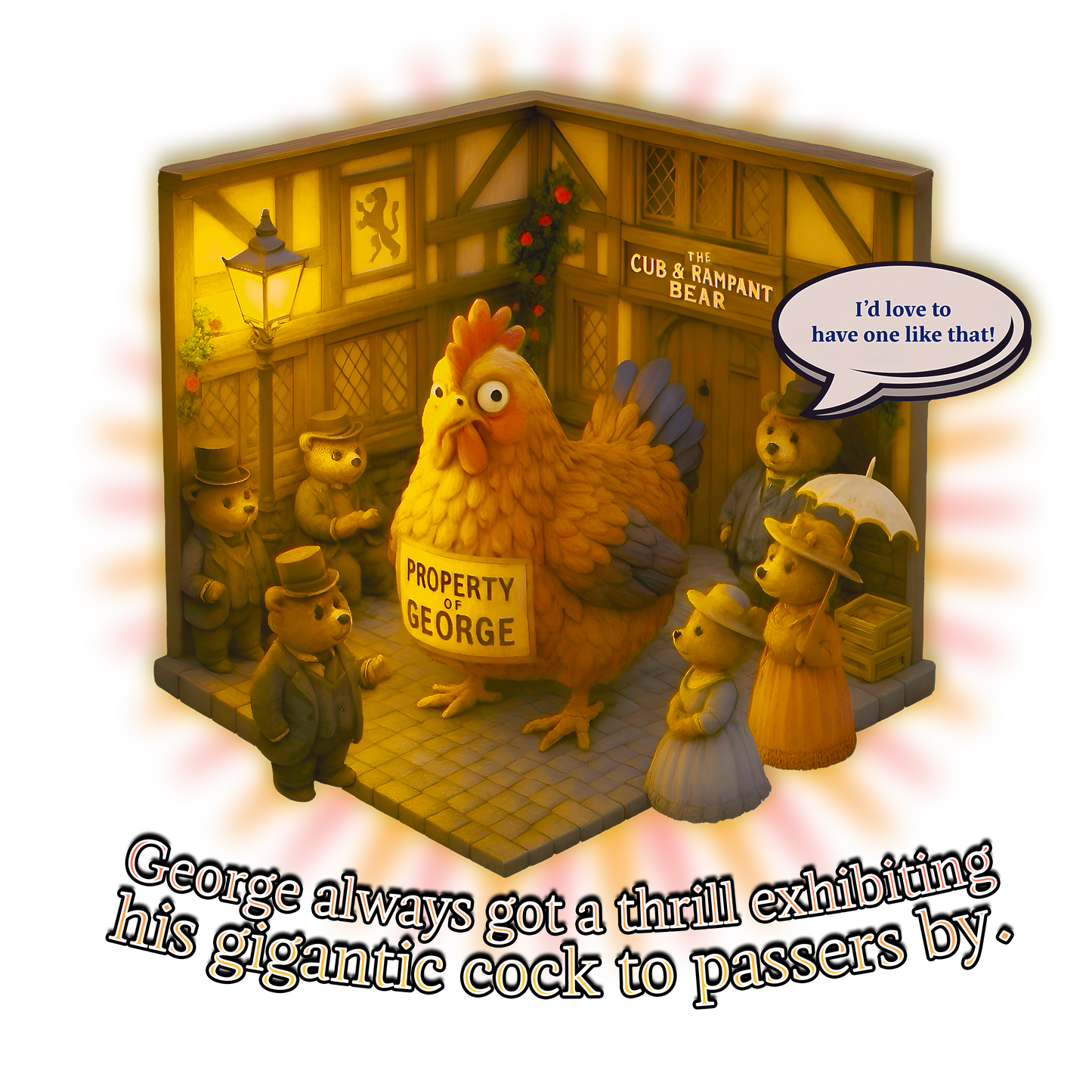Edwardian Village Funny Unisex Softstyle T-Shirt with Oversized Chicken Design