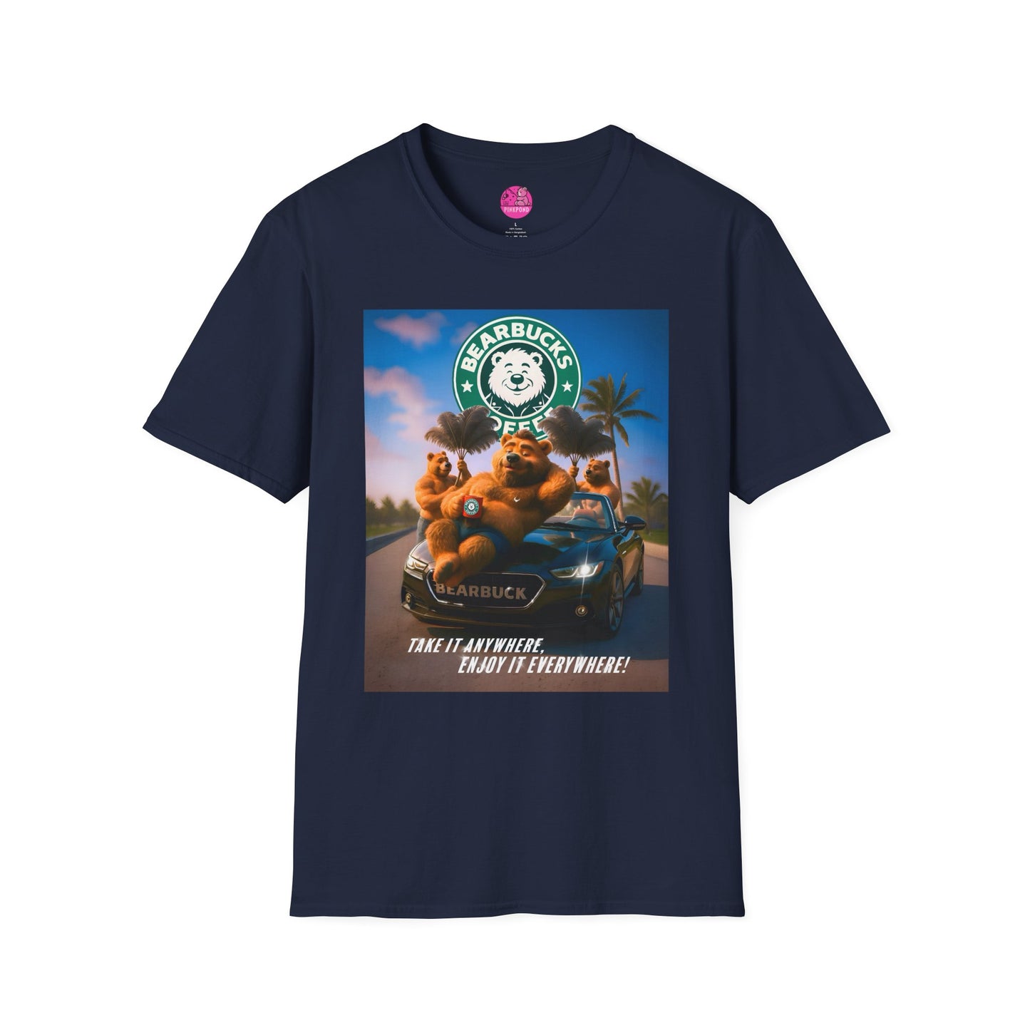 Bearbucks “Enjoy It Everywhere” Tee — Coffee-Loving Bear Convertible Graphic T-Shirt