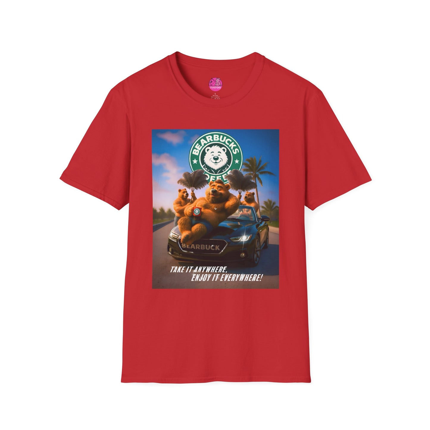 Bearbucks “Enjoy It Everywhere” Tee — Coffee-Loving Bear Convertible Graphic T-Shirt