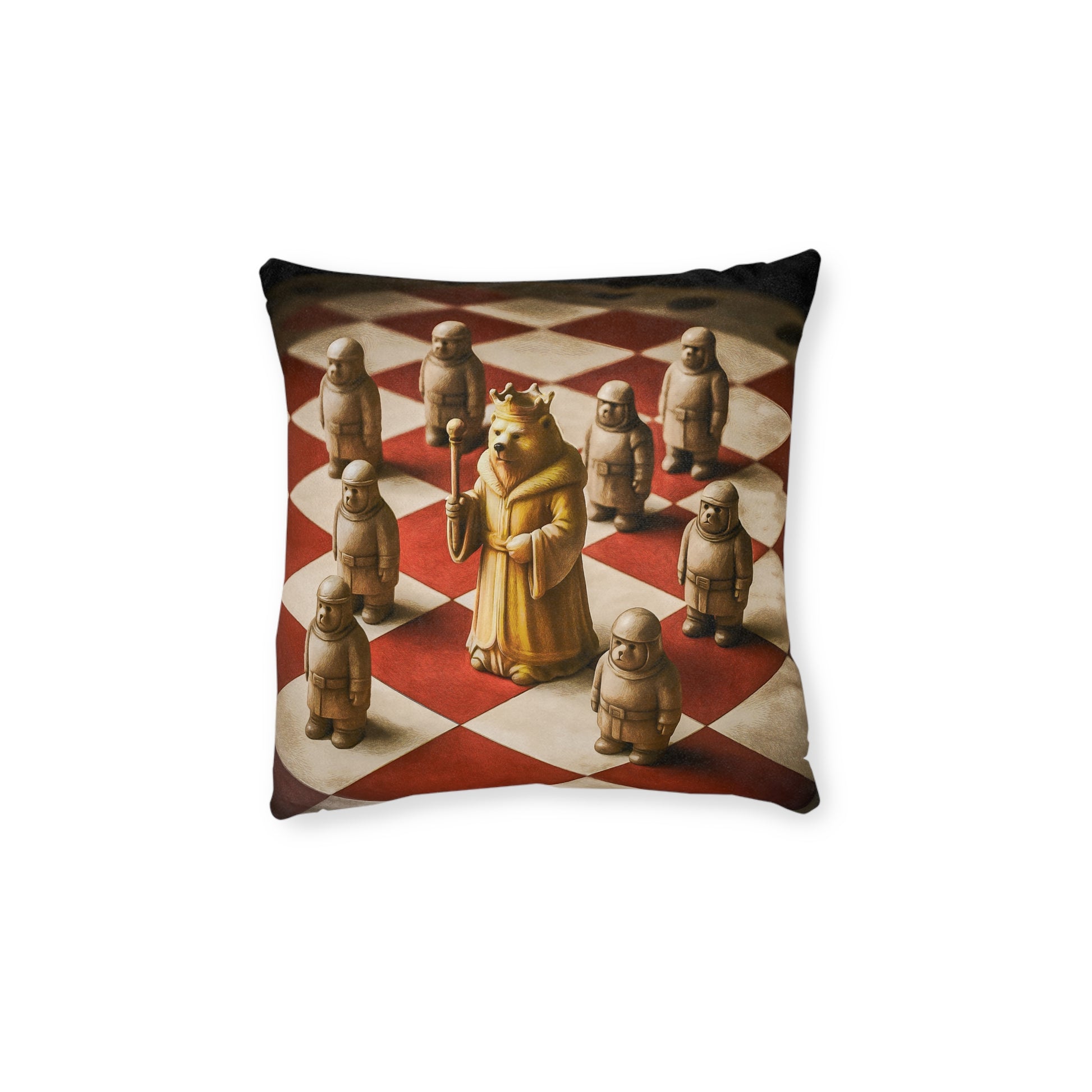Reversible square pillow featuring PinkPond's King of the Bear Army playing chess on a whimsical board