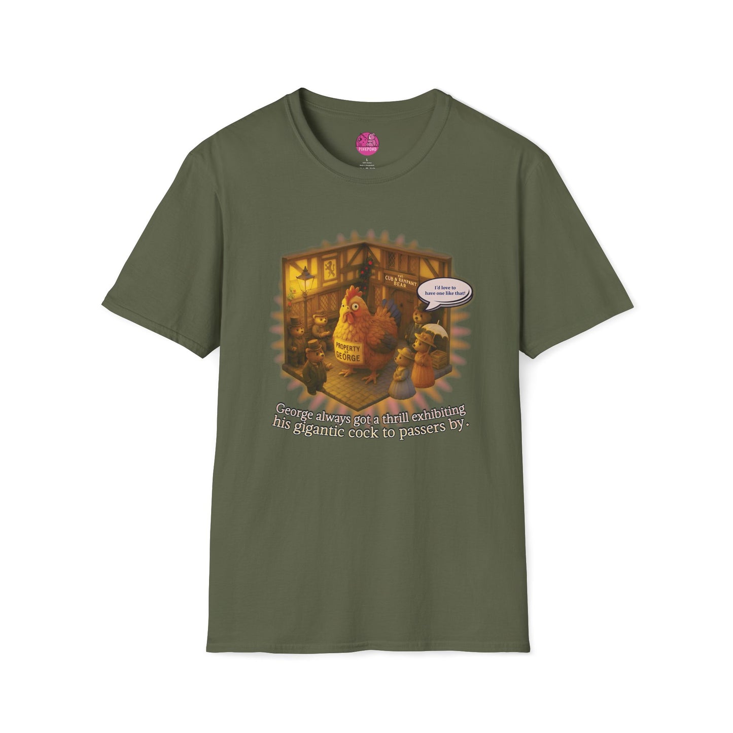 Edwardian Village Funny Unisex Softstyle T-Shirt with Oversized Chicken Design