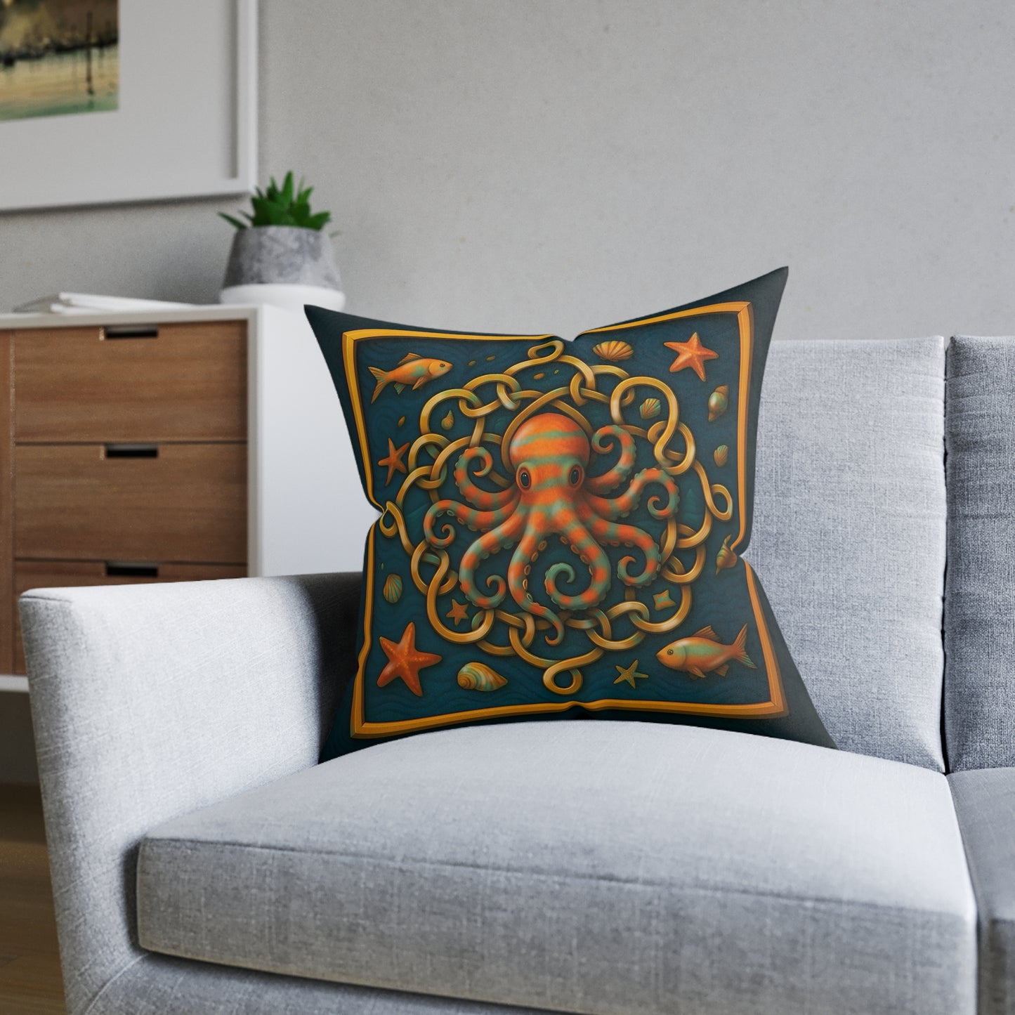 Square Pillow - Celtic Octopus Cushion with Teal Background and Golden Knots Design