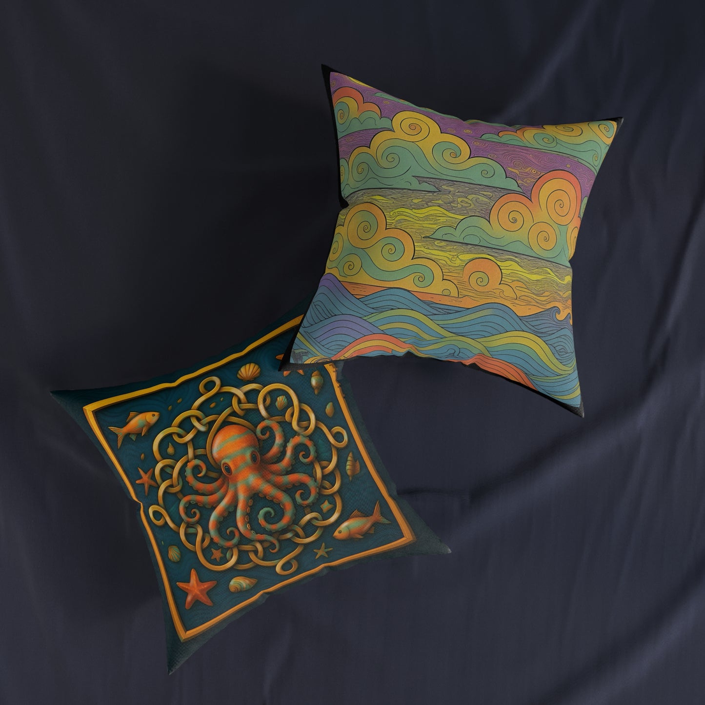 Square Pillow - Celtic Octopus Cushion with Teal Background and Golden Knots Design