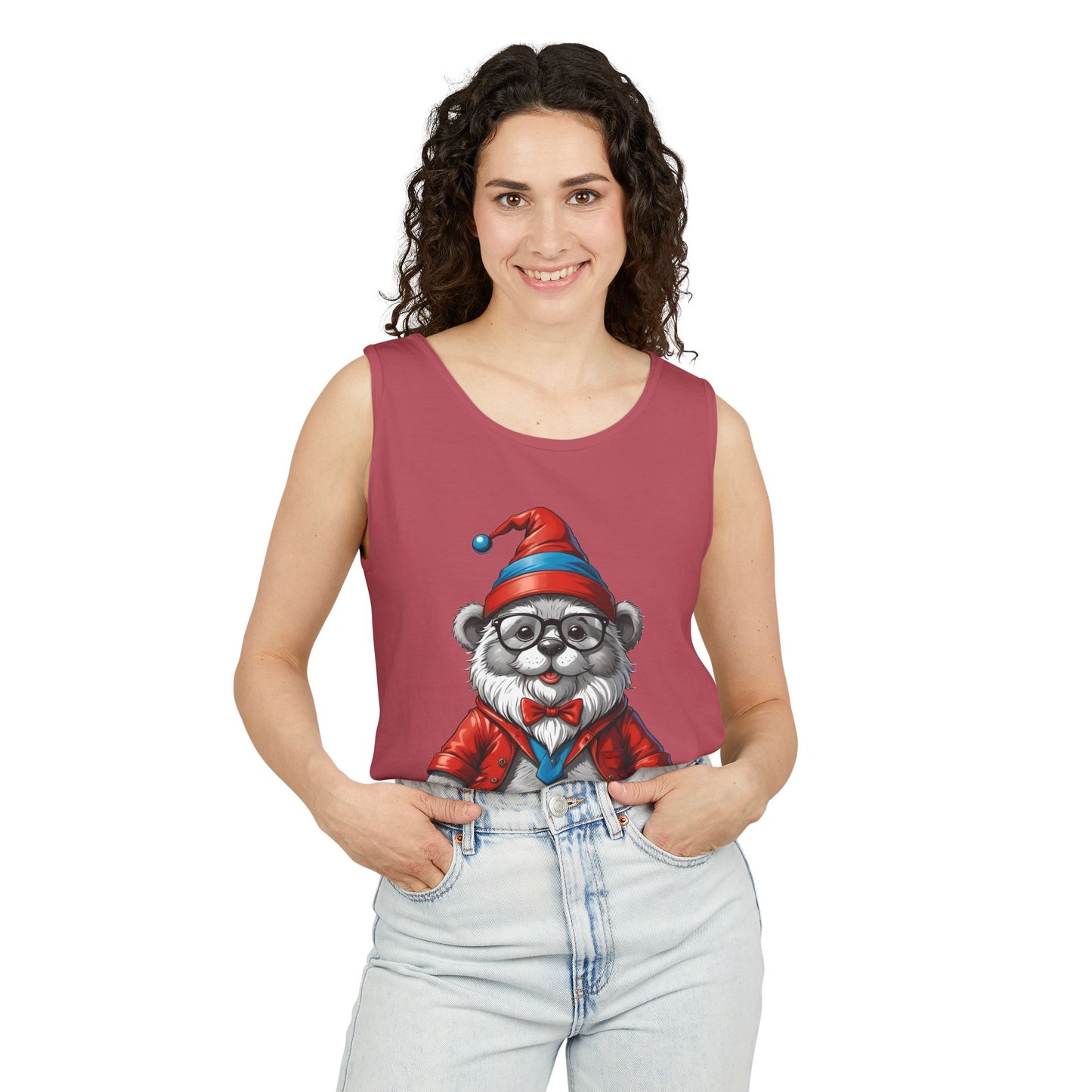 Swiss Gnome Bear Tank Top - Unisex Garment-Dyed Summer Sleeveless Shirt