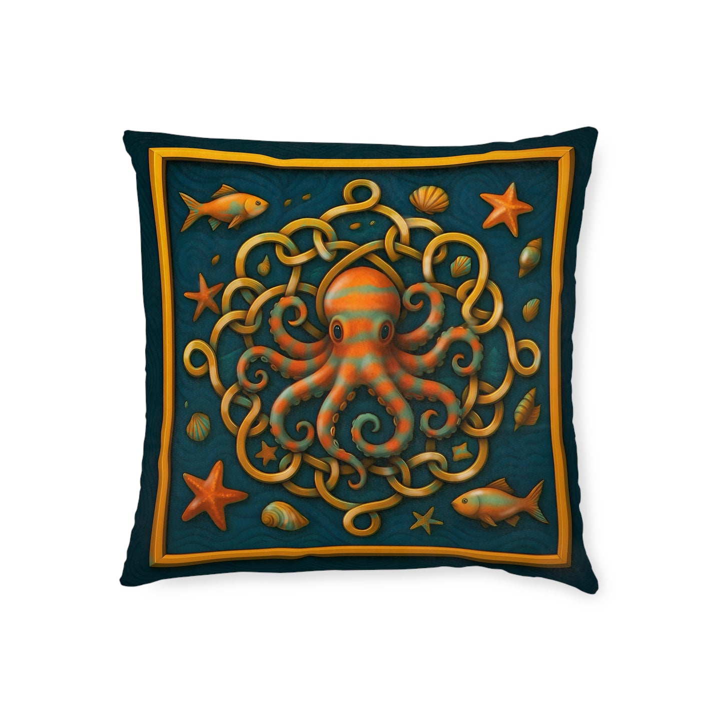 Square Pillow - Celtic Octopus Cushion with Teal Background and Golden Knots Design