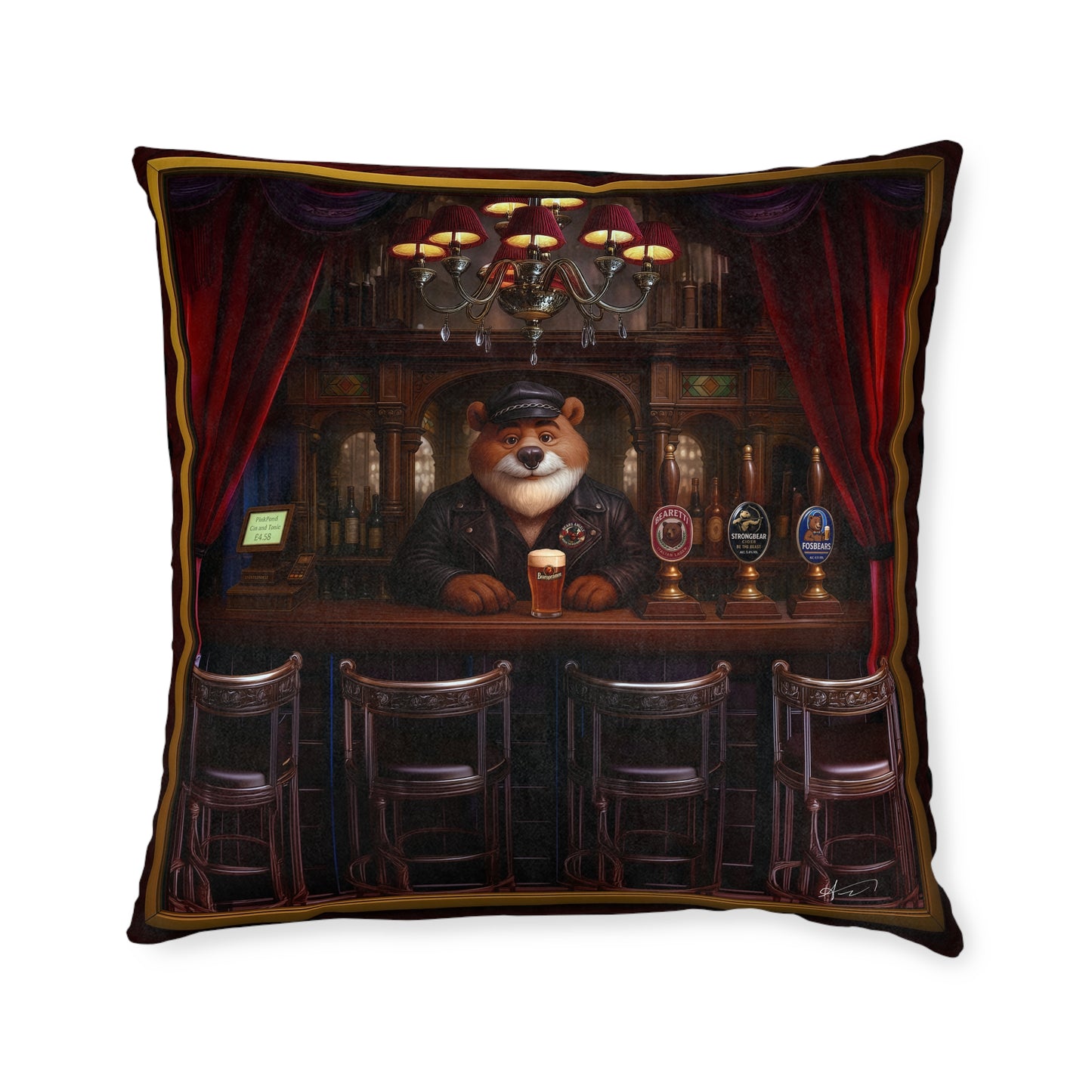 Square Pillow Bearman The Barman Cushion Reversible Bear Brewery Labels Home Bar Decor