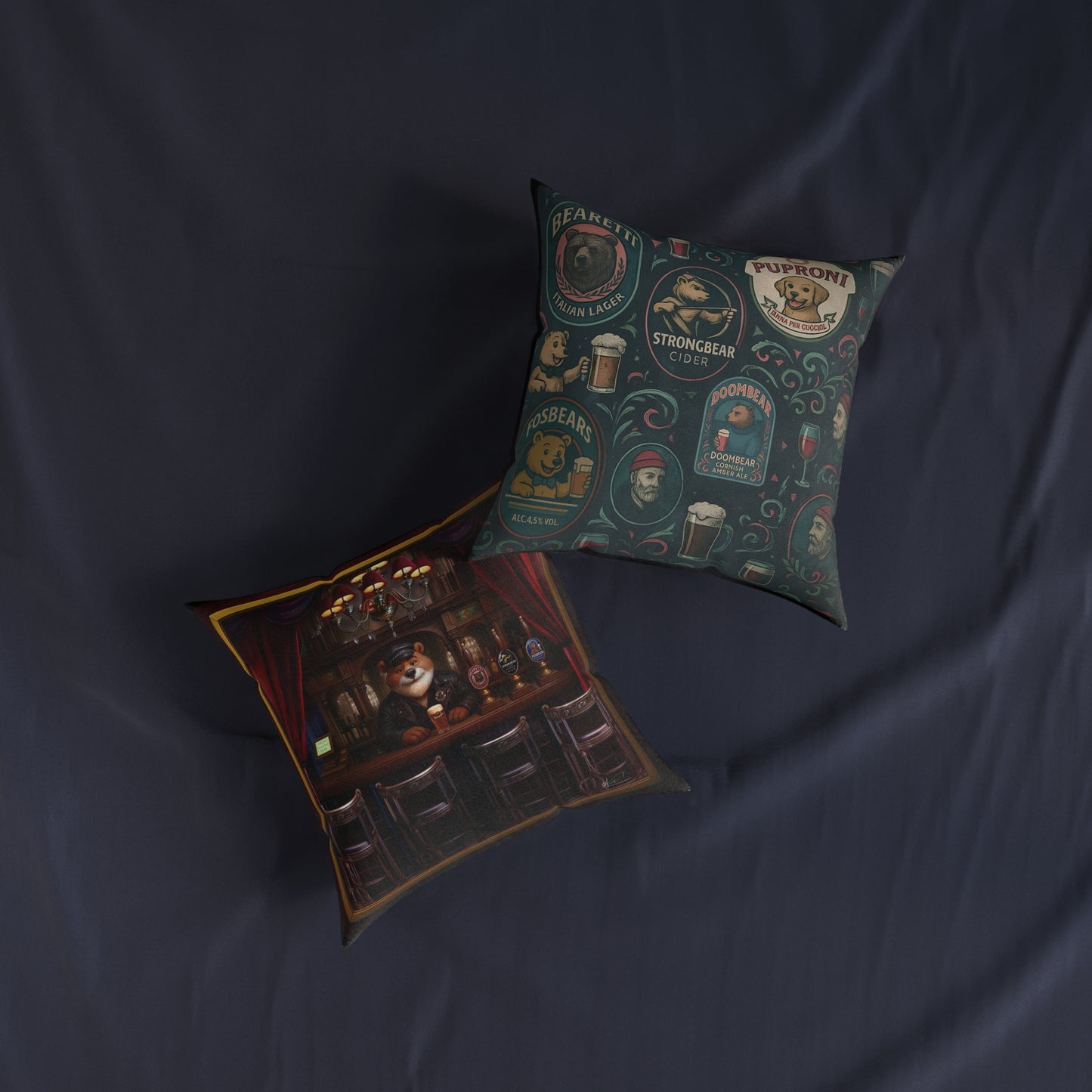 Square Pillow Bearman The Barman Cushion Reversible Bear Brewery Labels Home Bar Decor
