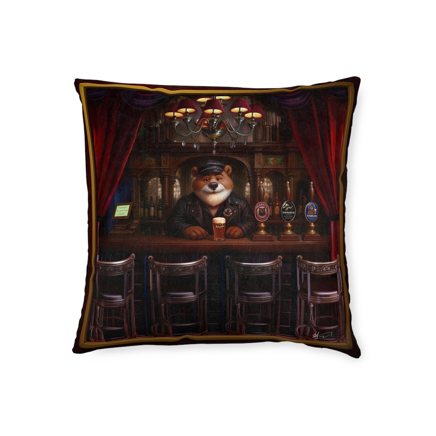 Square Pillow Bearman The Barman Cushion Reversible Bear Brewery Labels Home Bar Decor
