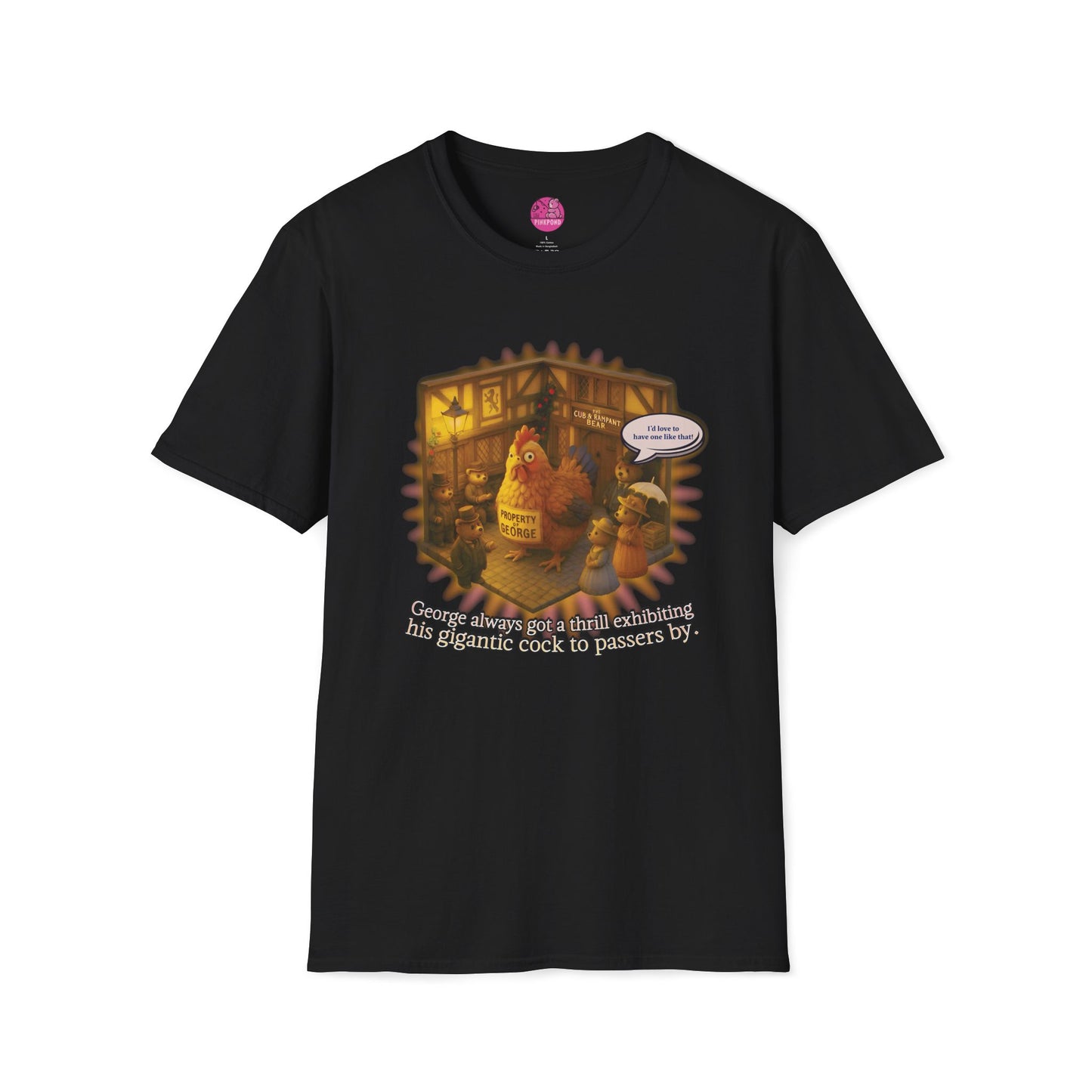 Edwardian Village Funny Unisex Softstyle T-Shirt with Oversized Chicken Design