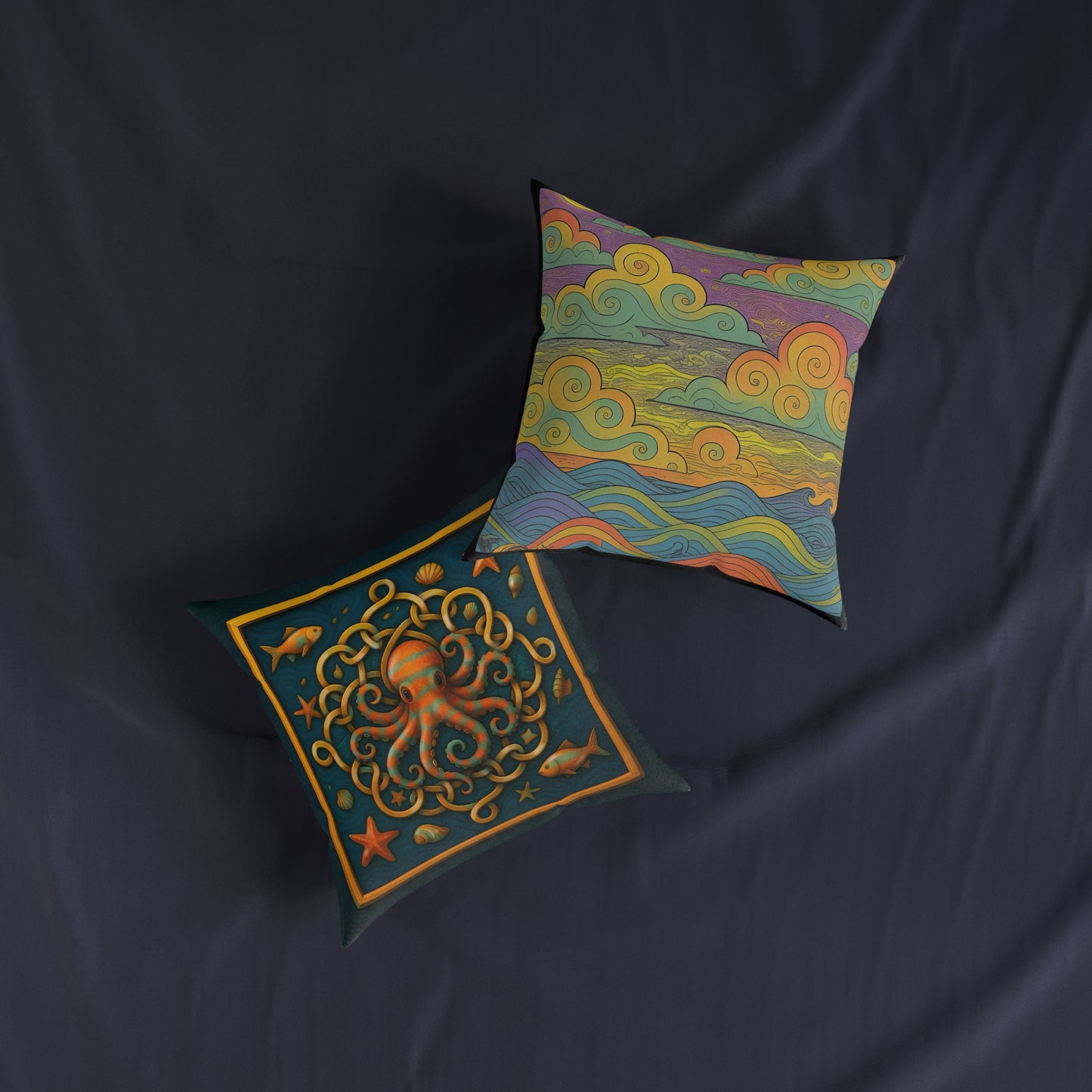 Square Pillow - Celtic Octopus Cushion with Teal Background and Golden Knots Design