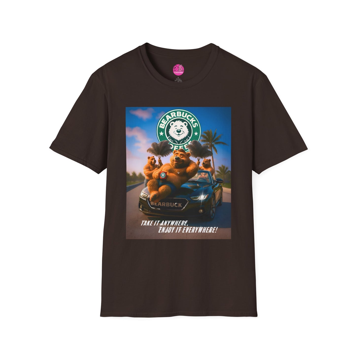 Bearbucks “Enjoy It Everywhere” Tee — Coffee-Loving Bear Convertible Graphic T-Shirt
