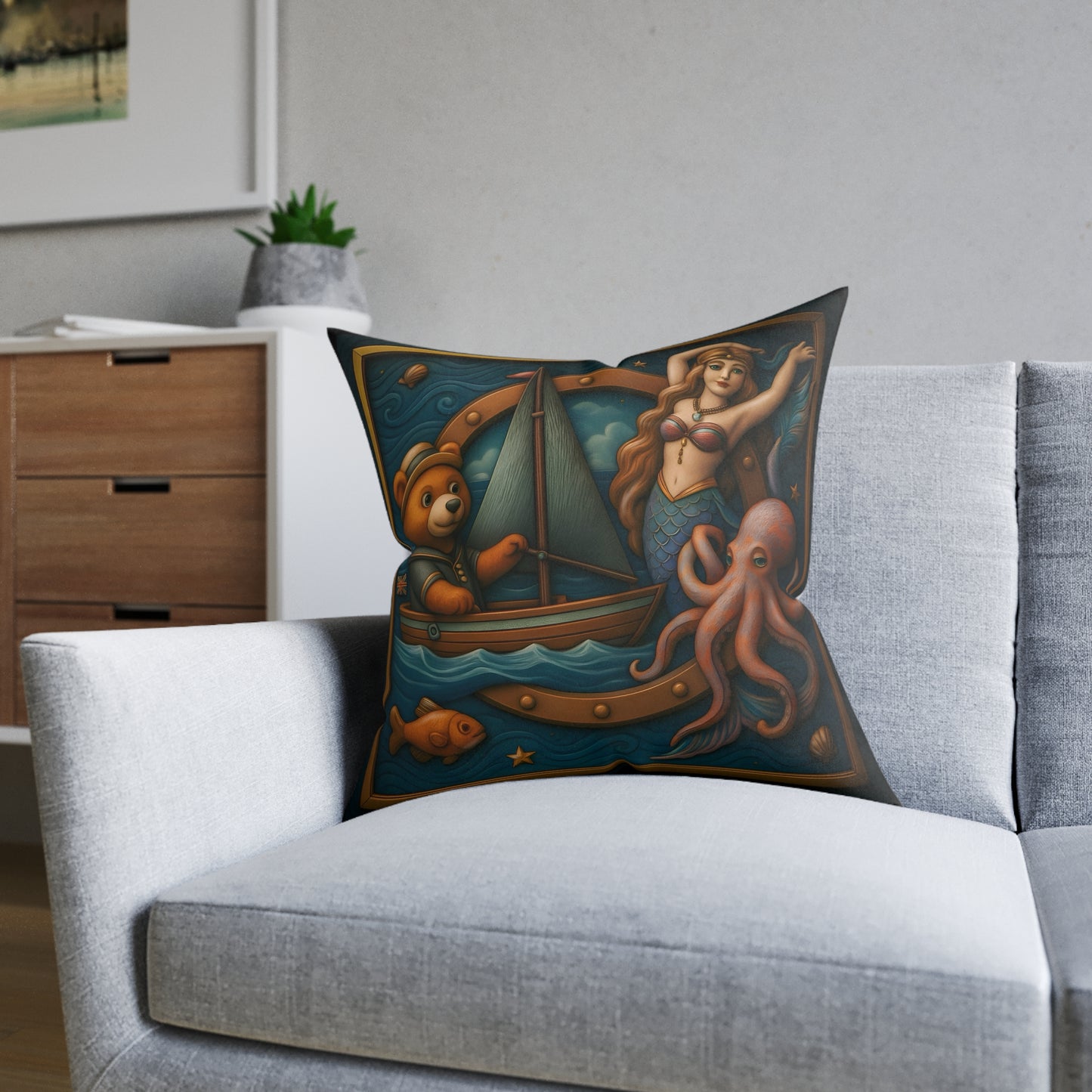Square Pillow - The Bear & The Mermaid Cushion PinkPond Nautical Collection