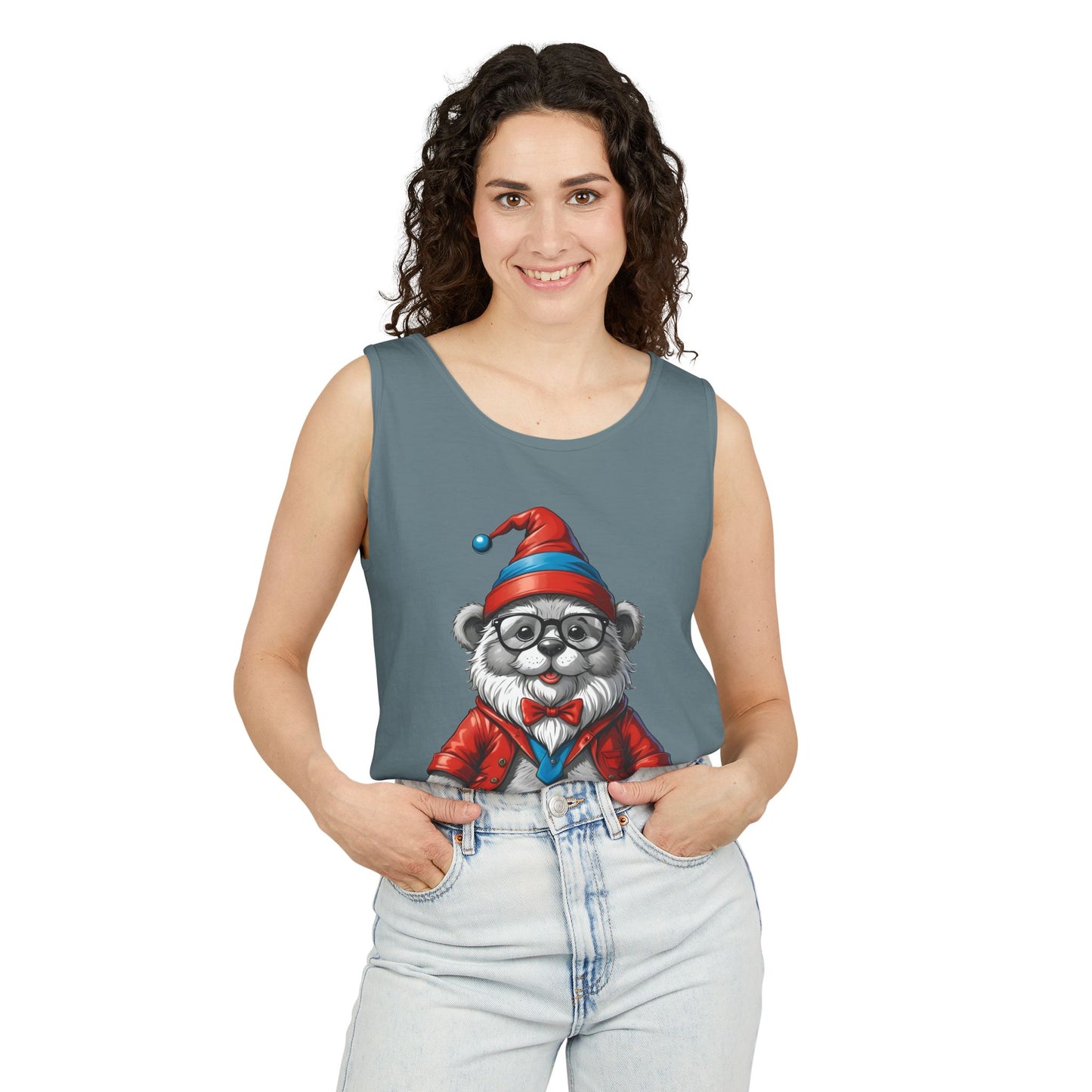 Swiss Gnome Bear Tank Top - Unisex Garment-Dyed Summer Sleeveless Shirt