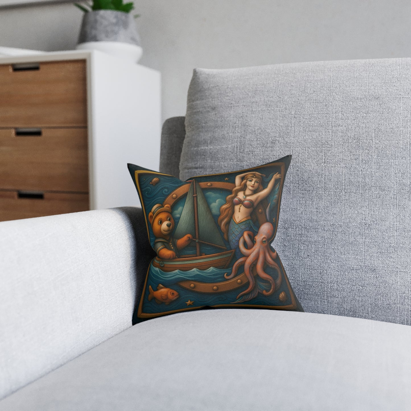 Square Pillow - The Bear & The Mermaid Cushion PinkPond Nautical Collection